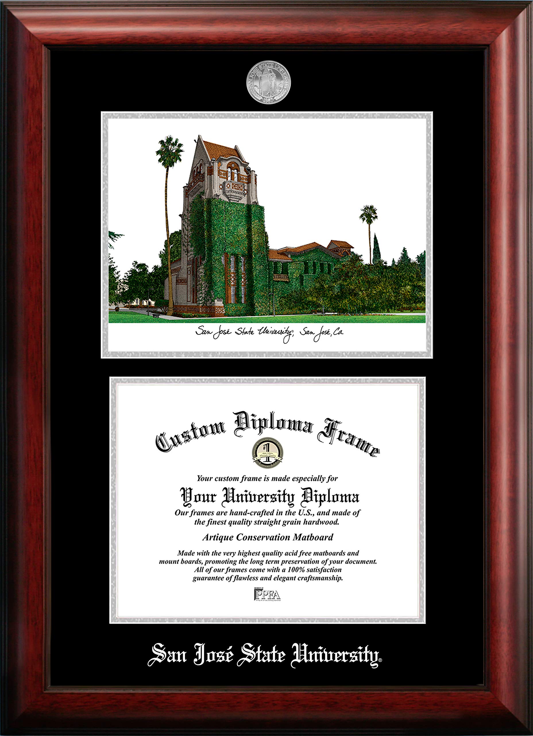 NCAA San Jose State Spartans Unisex Silver Medallion Frame San Jose State University 11w x 8.5h Silver Embossed Diploma Frame with Campus Images Lithograph, Brown, One Size