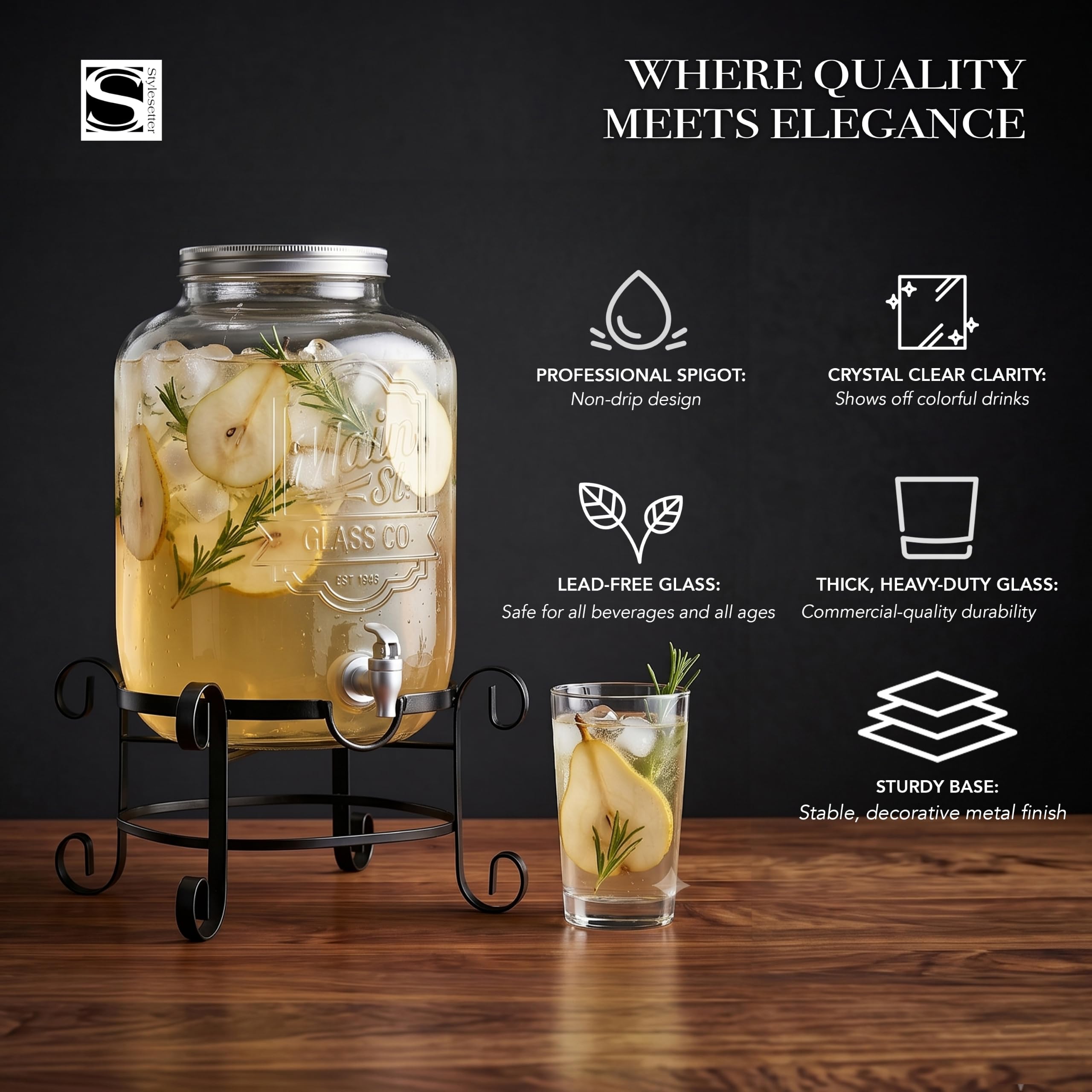 Dispensador de bebidas frías, jarra de cristal, soporte de metal y espiga de acrílico a prueba de fugas, ideal para fiestas, bodas y más