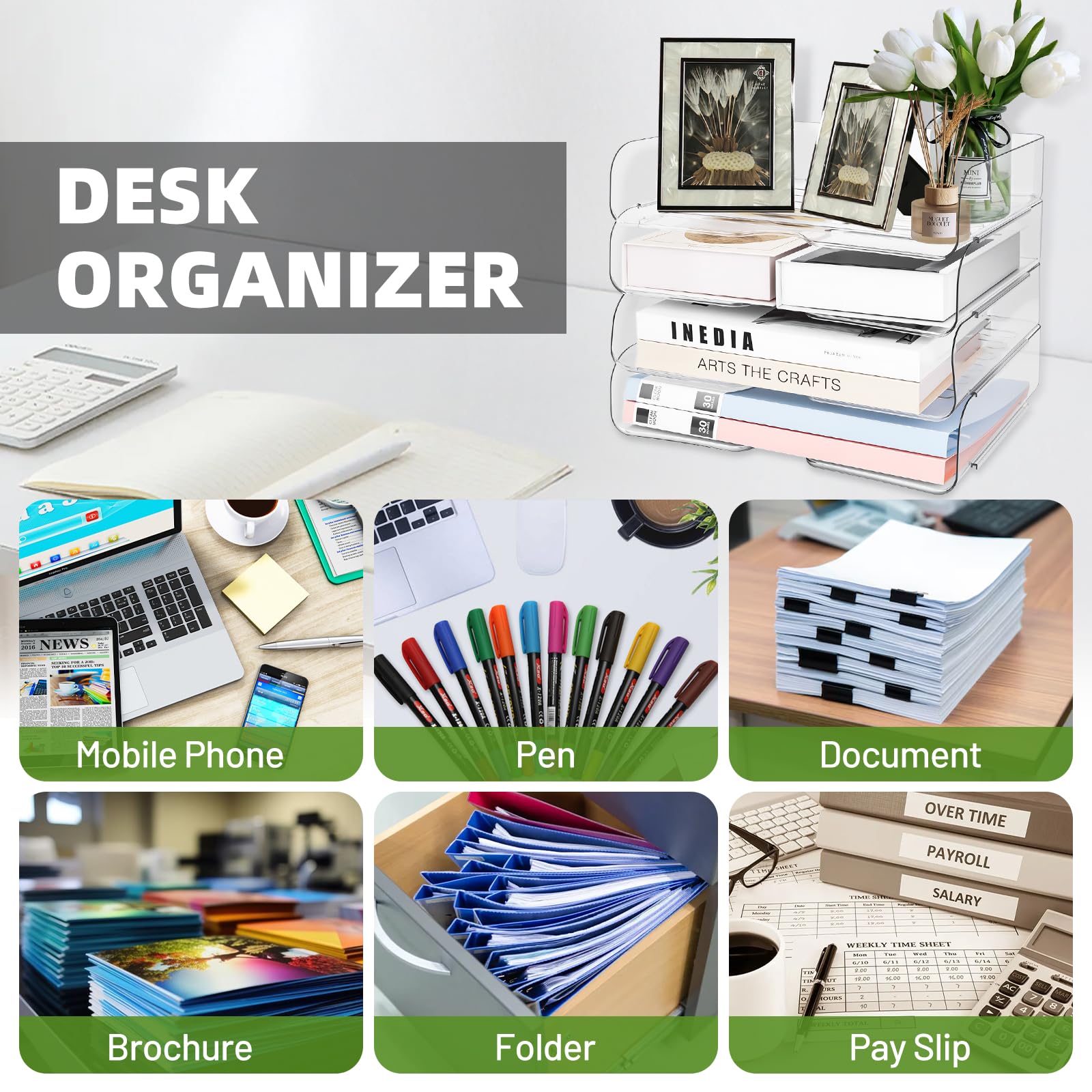 Organizador Escritorio Pet Apilable,Bandeja Apilable de Acrílico,Bandejas Plastico Transparente para Papel,Bandejas Transparentes Oficina para Revistas Documento Recibos Material Oficina
