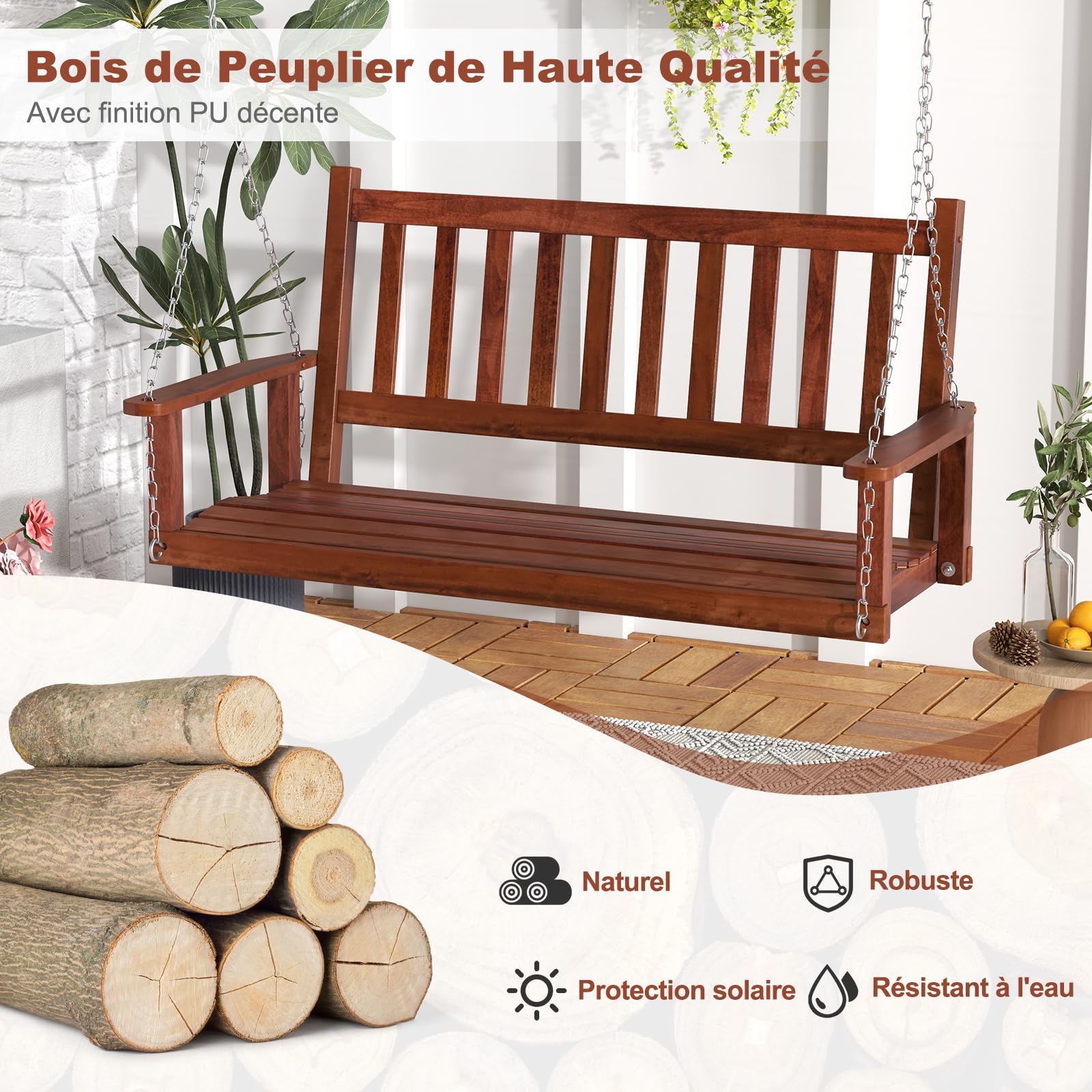 GOPLUS Balançelle Jardin 2/3 Places Extérieur Chaise Hamac Suspension Bois 230/360KG 136x67x63CM Marron