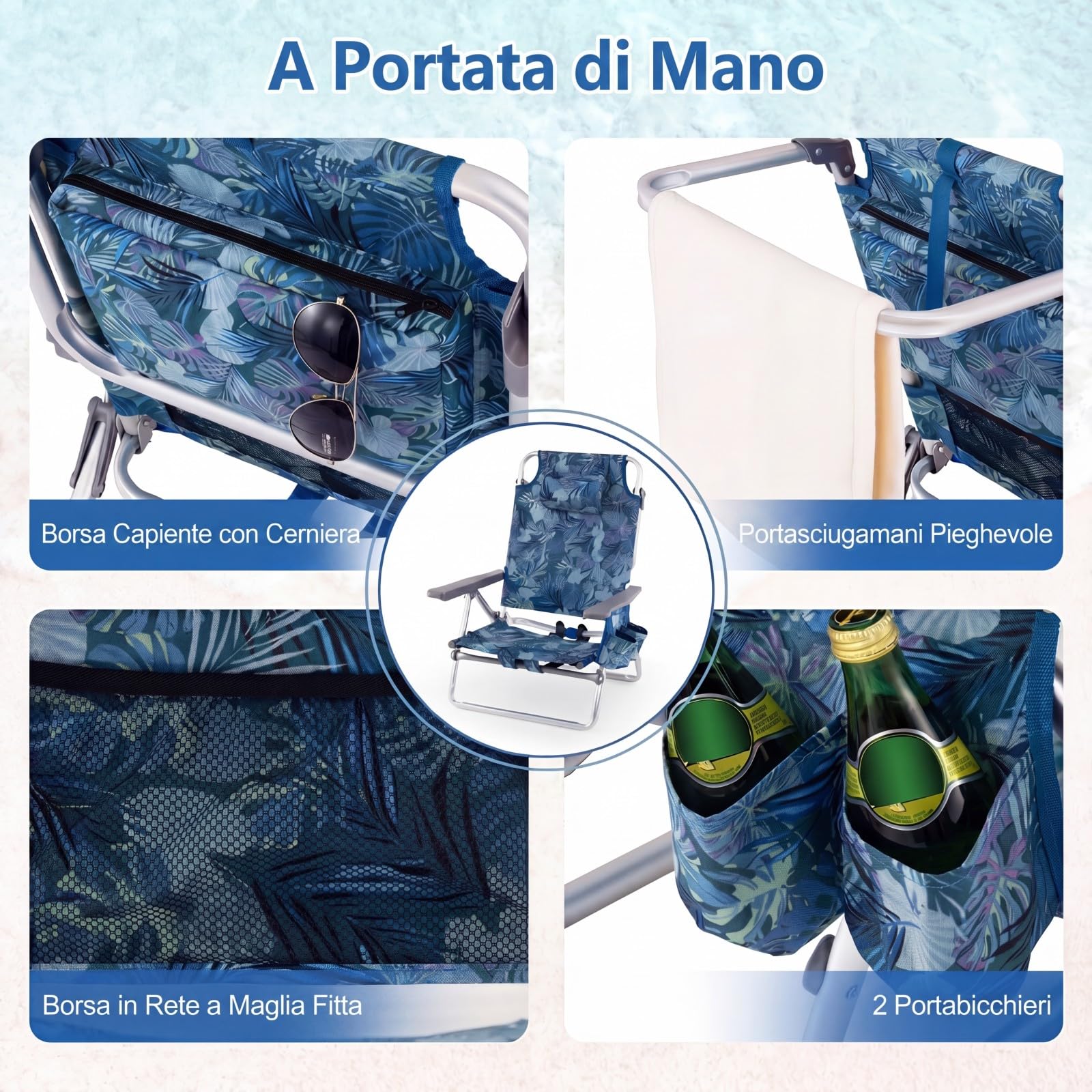 COSTWAY Set Sedia da Spiaggia, con Tavolino Pieghevole, Schienale Regolabile a 5 Livelli, Poltrona da Spiaggia con Cuscino per Testa, Sedia da Campeggio, Portata 136 kg (Blu Scuro, Modello 2)