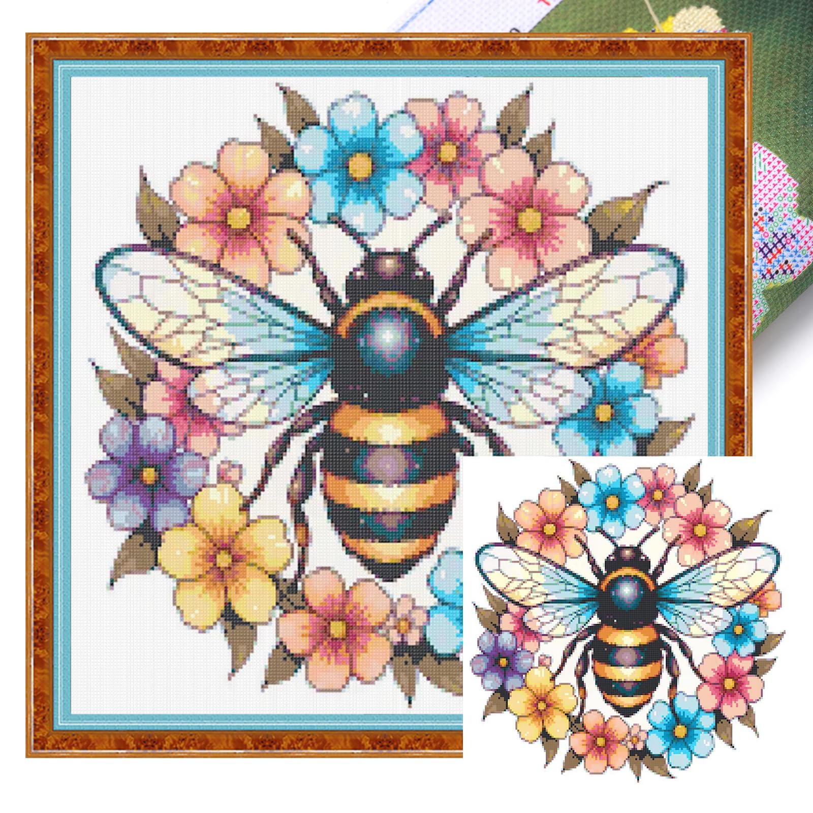 Poetrydraw Garland With Bees Bees Garland Cross Stitch Kit 14Ct Diy Embroidery For Beginners & Adults Home Decor 11.7X11.7 Inch