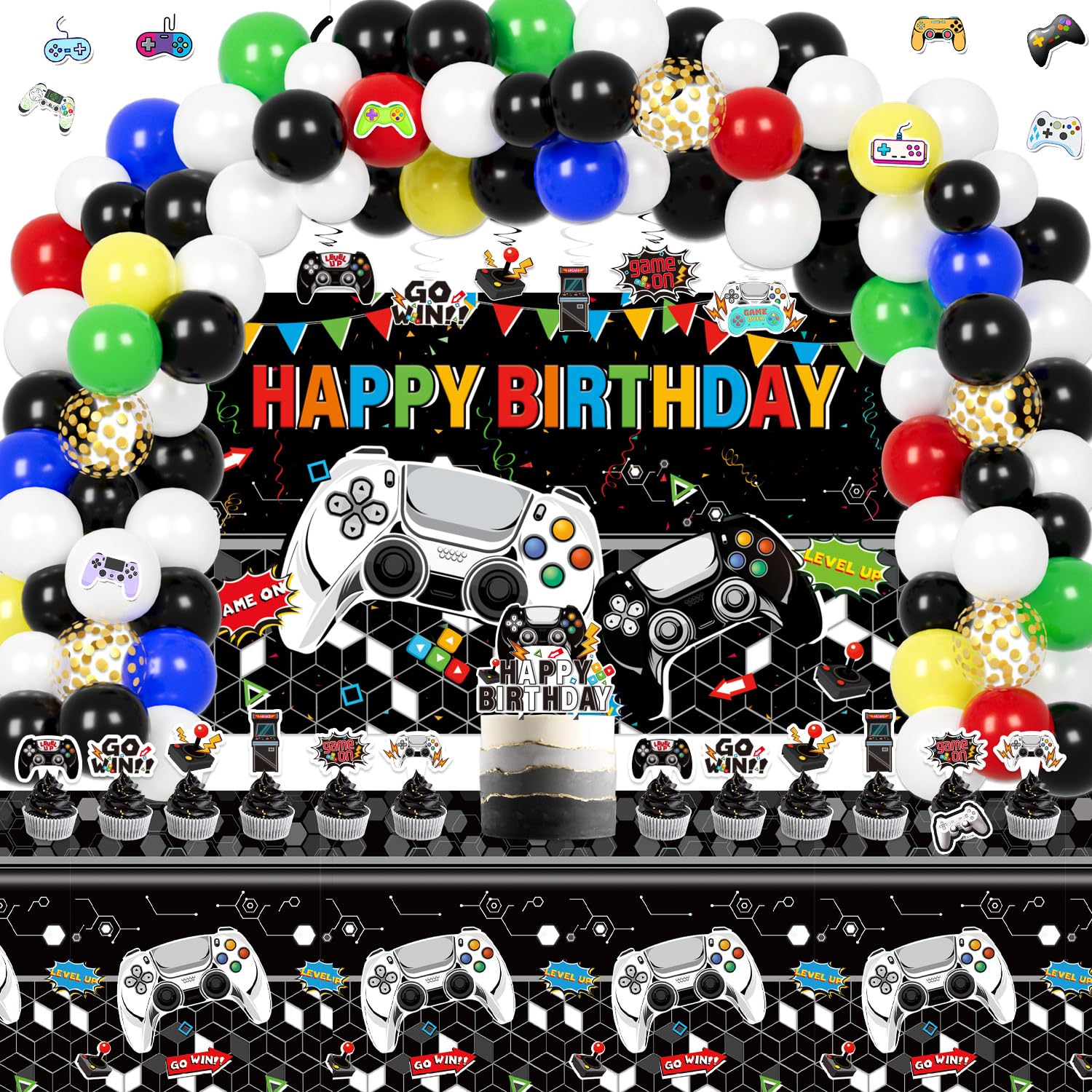 KimaruLZ Gamer Birthday Party Decorations - 174Pcs Black and White Video Game Gaming Party Supplies For Boys Birthday - Backdrop, Table Cover, Hanging