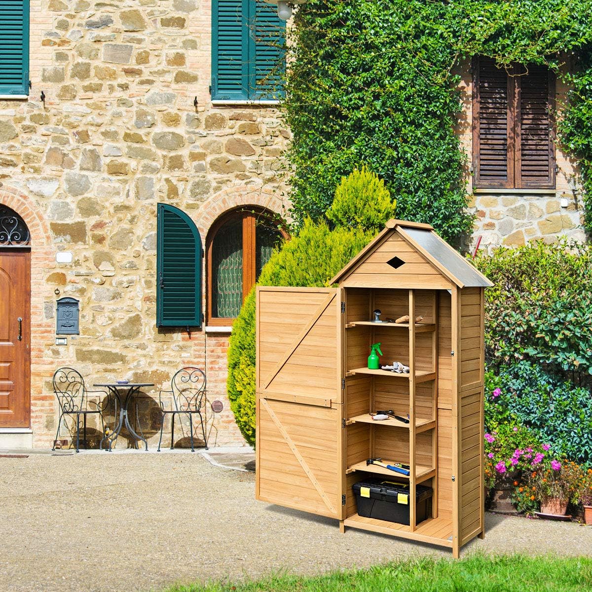 GYMAX Armadio da Esterno in Legno, Casetta Porta Attrezzi da Giardino con Ripiani Rimovibili, Capanno Tetto in Lamiera Zincat Impermeabile, con 2 Porte, 80 x 45 x 177cm(Stile 1)