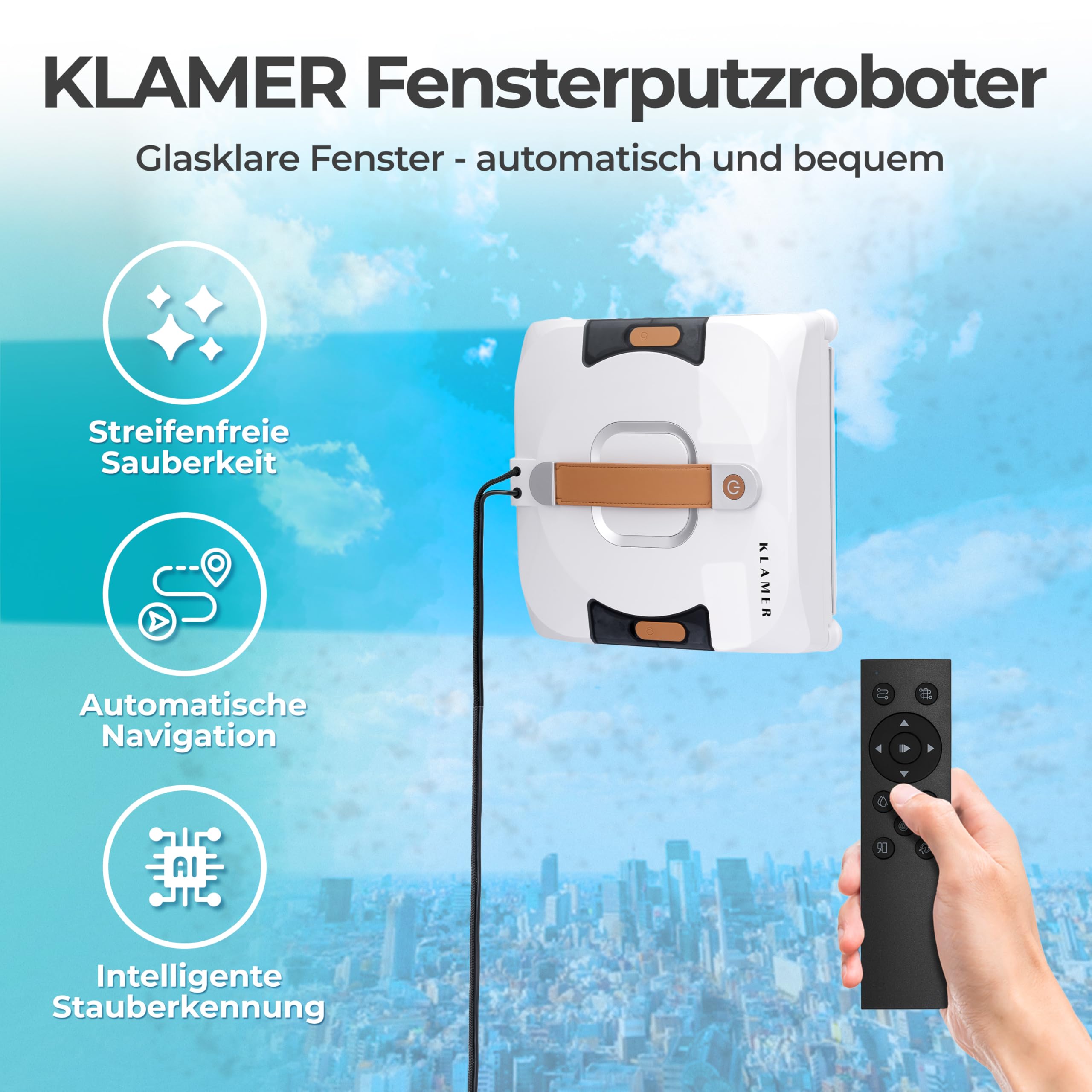 KLAMER Fensterputzroboter 3500 Pa – automatischer Fensterreiniger mit 100 ml Doppelwassertank, Nassreinigungsmodus & Rand-Erkennung, leise 60 dB, Absturzsicherung & Smart Pfadplanung