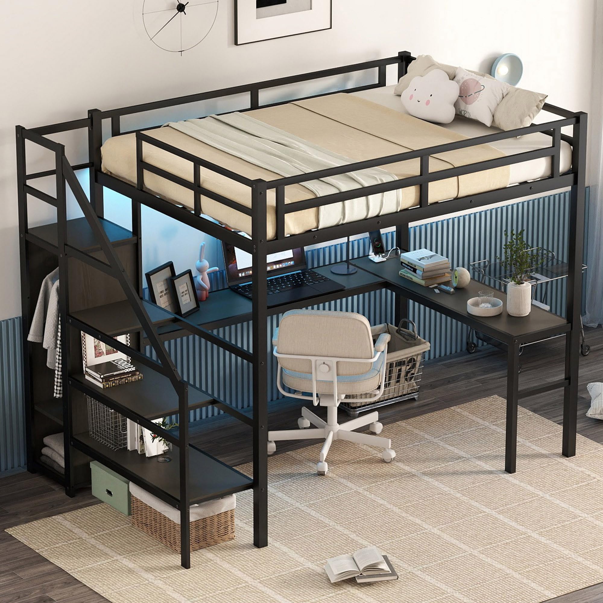 Metal Full Size Loft Bed with Desk and Wardrobe,Heavy Duty Loft Bed Frame with Storage Stairs,LED Lights and Charging Station for Kids,Teens,Adults,