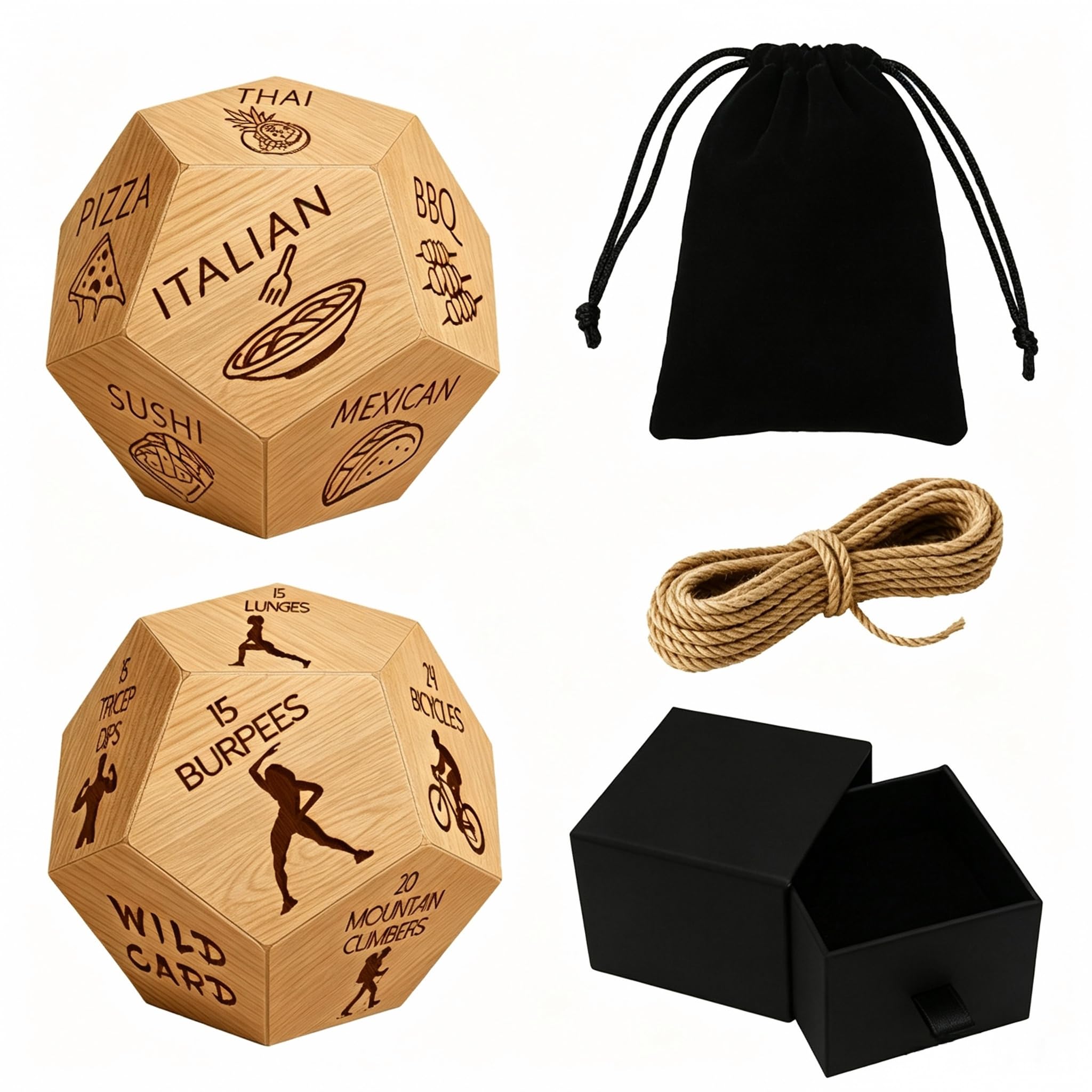 UNICRAFTALE 2Set Wood 12 Types Food and Exercise Decision Dice Wedding Gifts Funny Food Events Dice with Velvet Packing Pouches Cord and Paper Boxes for Anniversary Day Gift