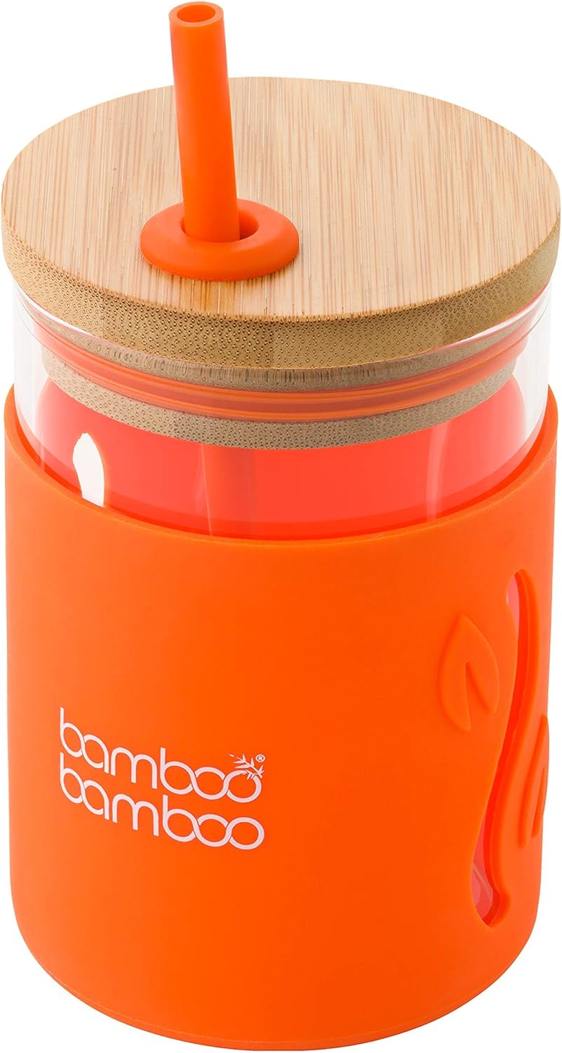 bamboo bamboo Toddler Sippy Cup with Straw and Lid, Transition Drinking for Kids Holds 11.8 oz of Milk, Juice, Water or Smoothies – Glass Cup with Impact-Resistant Silicone Sleeve