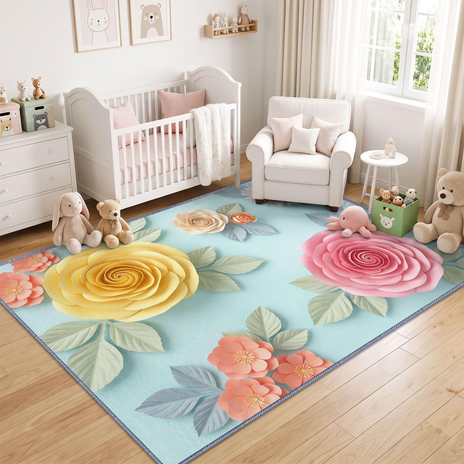 Générique Lavable en Machine Tapis Salon 80x154 cm, Floral Roses Antidérapant à Poil Ras Tapis, Moderne Art Romantique Écologique pour Salle à Manger Couloir Chambre Bureau