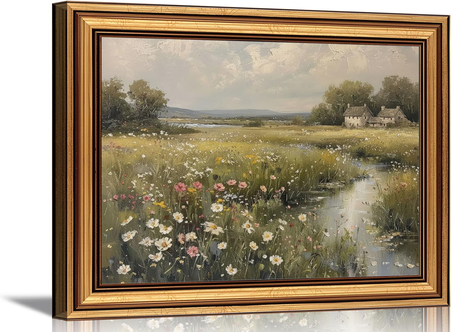 Vintage Gold Framed 3D Textured Wall Art Country Wildflower Field River Wall Decor Picture Summer Farmhouse Nature Rustic Cottagecore Landscape Poster Print for Gallery Home Decoration 12x16in
