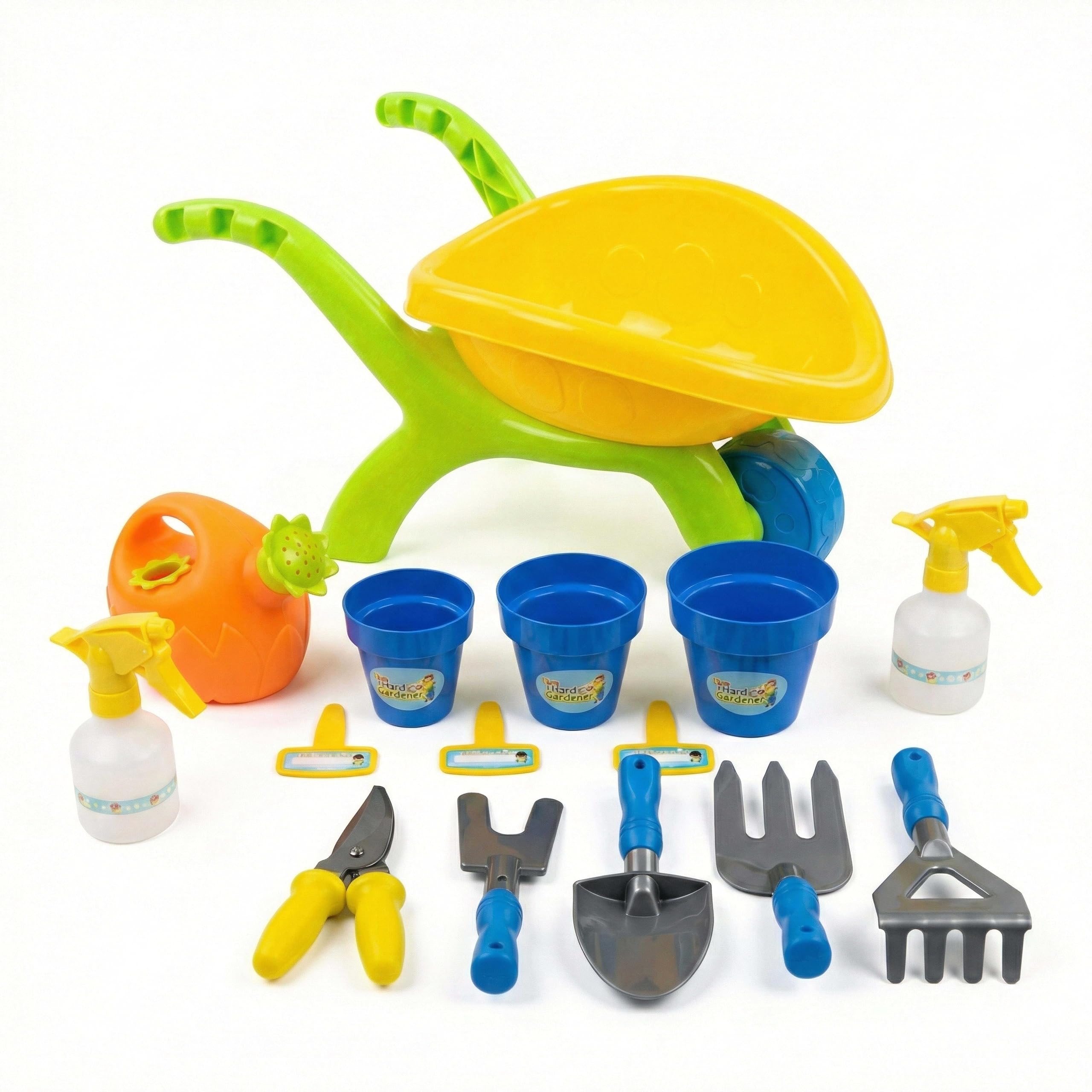 The Magic Toy Shop 14 Piece Kids Garden Tool Set with Wheelbarrow - Children's Gardening Toys with Watering Can, Spade, Pots & Spray Bottle - Toddler Outdoor Beach & Sandpit Play Kit