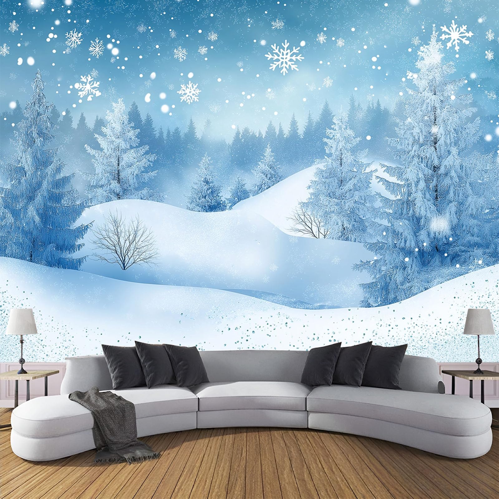 Papier peint panoramique paysage d'hiver pour créer un salon cosy style scandinave