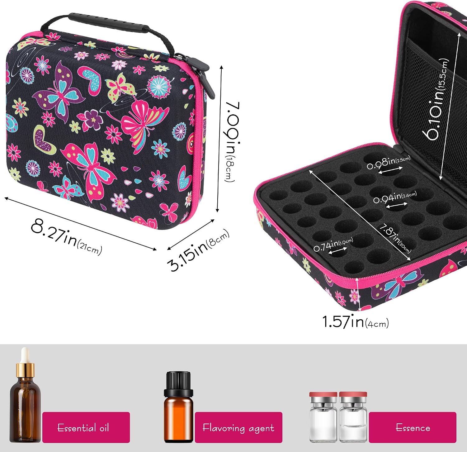 SHIDOW Essential Oil Case Organizer, Butterfly Print EVA Hard Travel Case, 30 Slots for 5ml/10ml/15ml Bottles, Shockproof & Scratch, Sunlight & Leak Protection, 1-Pack (Rose Red)