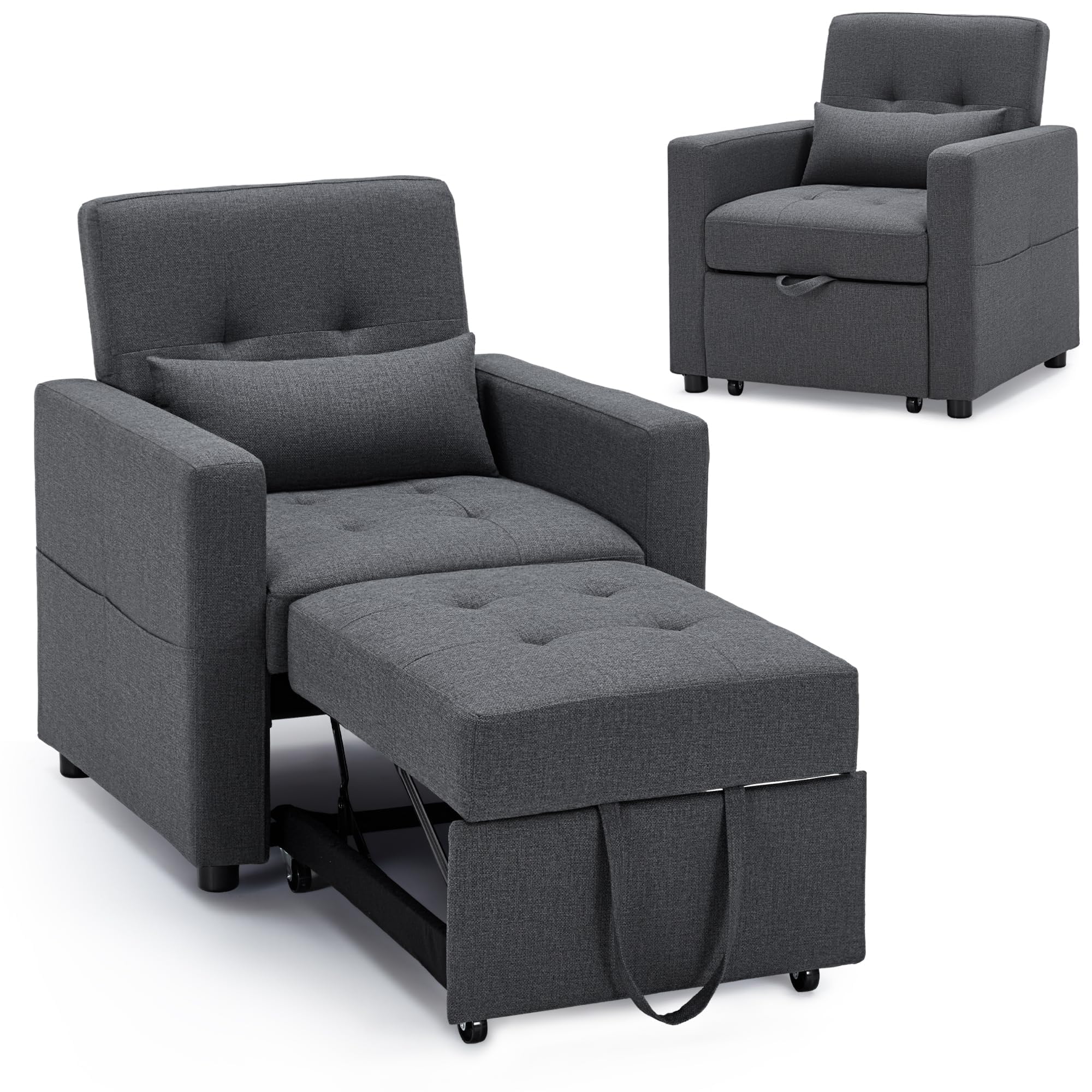 YINIX 3-in-1 Schlafsessel mit Bettfunktion, Ausziehbares Schlafsofa 178x80cm, Verstellbare Schlafcouch mit Kissen und Seitentasche, Sesselbett für Gästezimmer &Kleine Räume, Einfache Montage, Dunkgrey