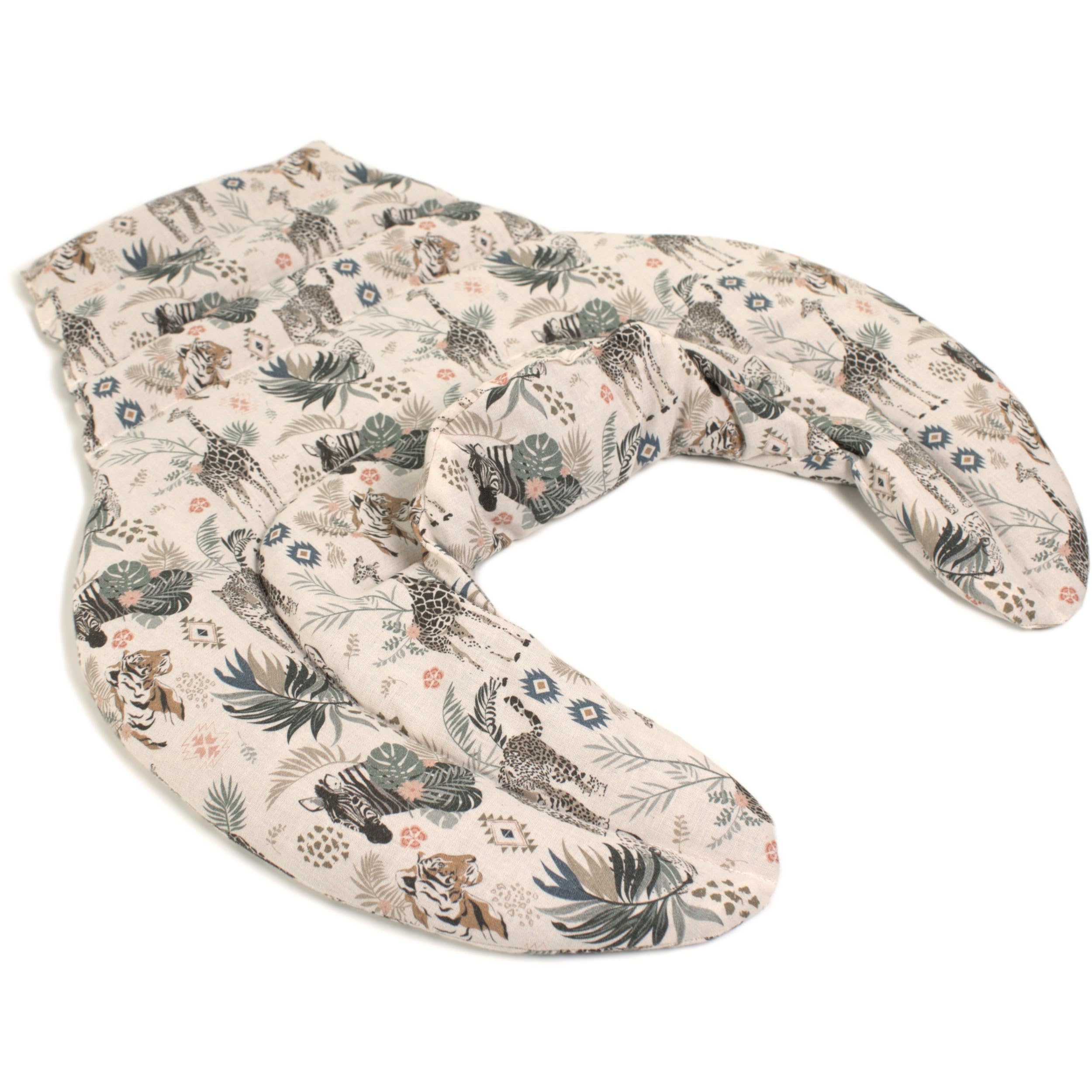 Cojín térmico para las vértebras cervicales – Cuello+hombros+espalda. Algodón biológico animales salvajes. Almohada térmica cervical con semillas de grosella. Saco caliente y frio. Cojín de nuca