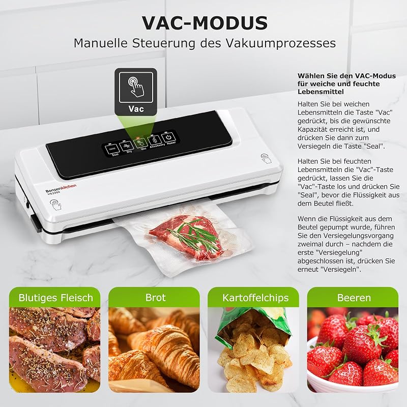 Aparat de vidat și sigilat 4 în 1 Bonsenkitchen cu mod de vidare externă și 5 pungi incluse
