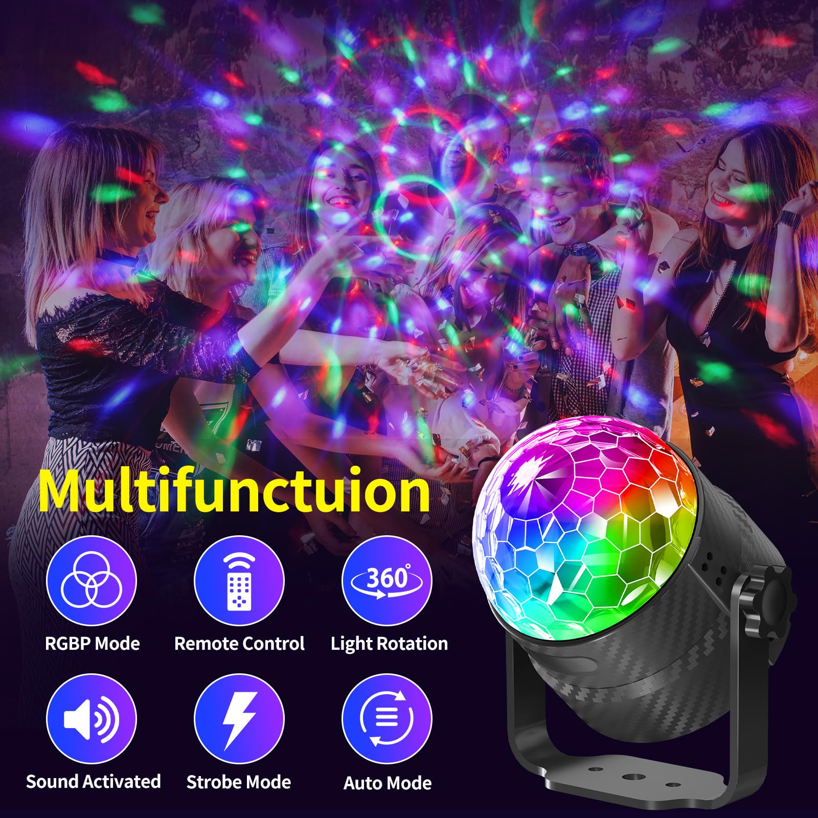 Boule disco, rotation à 360° contrôlée par la musique avec télécommande et câble de 2 mètres, 15 couleurs RGBP boule a facette Convient pour la Réunion familiale Enfants Fête d'anniversaire