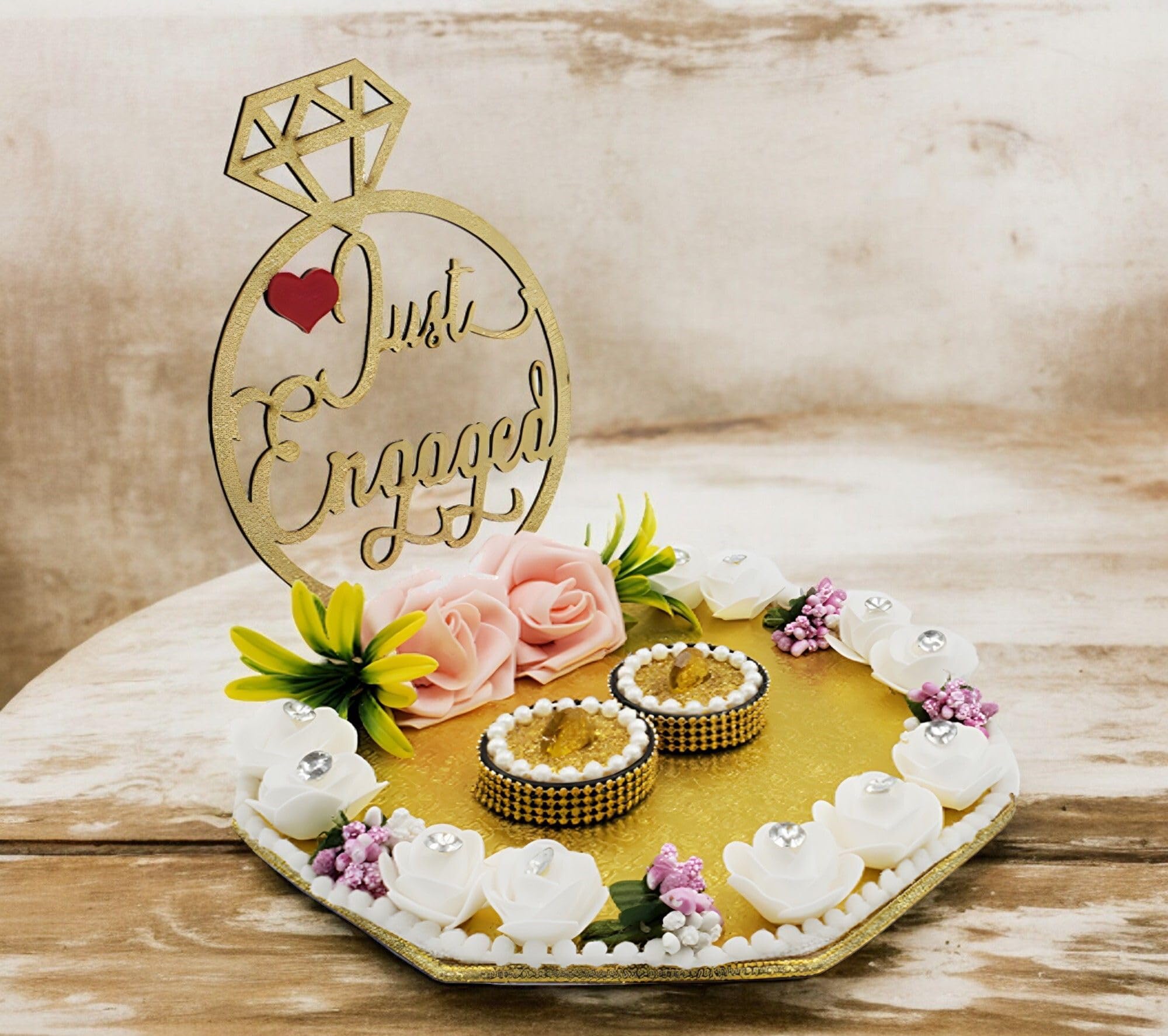 Engagement Decoration Tray with Ring Stand | White Floral & Pearl Design for Ceremony & Photoshoot 1
