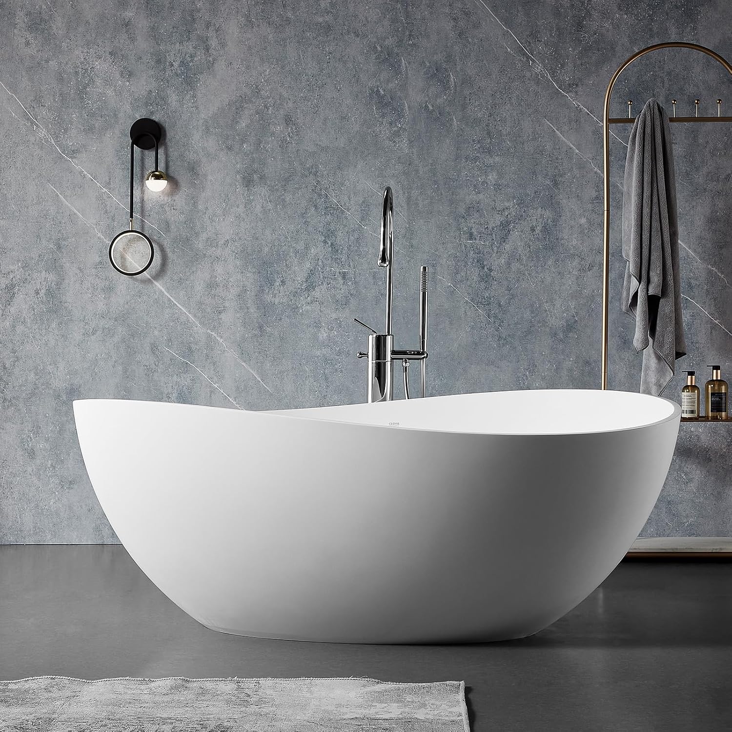 Homevacious 63 inch Stone Resin Bathtub Solid Surface Freestanding Tub with Overflow and Pop-up Drain Oval Shape Soaking Bathtub White