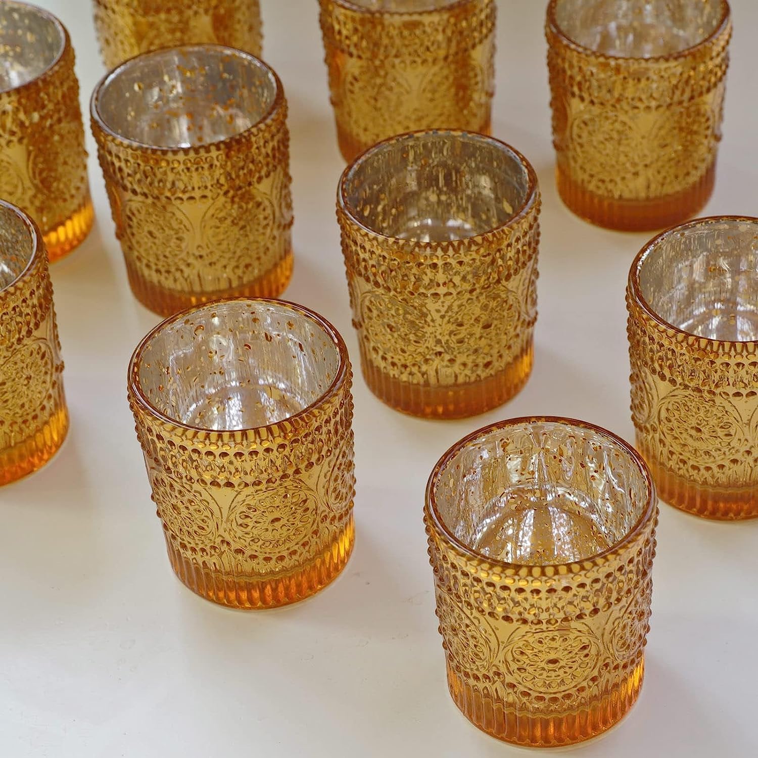 Teelichthalter Gold, 12er-Set Kerzenhalter Glas, Großpackung für den Tischaufsatz bei Hochzeiten, Teelichthalter aus Quecksilberglas (5.5cm x 6.5cm, B/H)