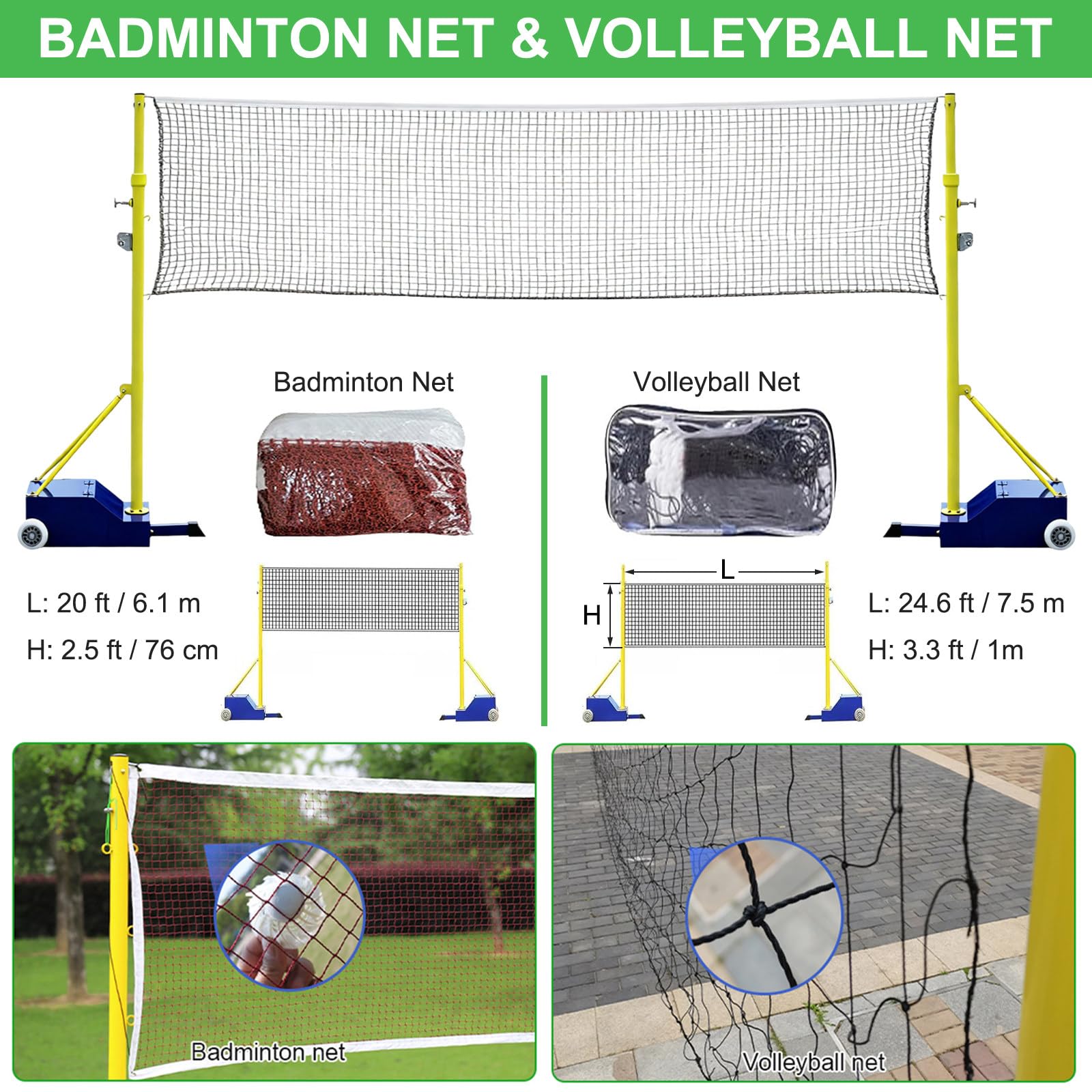 Rete da badminton portatile con pali resistenti e base riempibile per sport indoor outdoor in cortile giardino