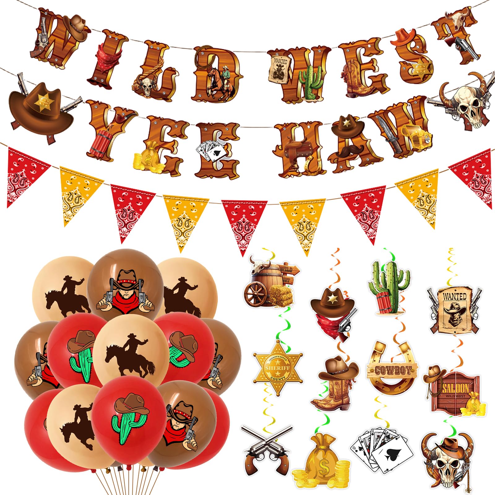 30Pcs Western Party Decorations with Wild West Banner Triangle Banner Double-sided Cards Hanging Swirls Ribbon for Birthdays Theme Party Decor Country Western Gatherings