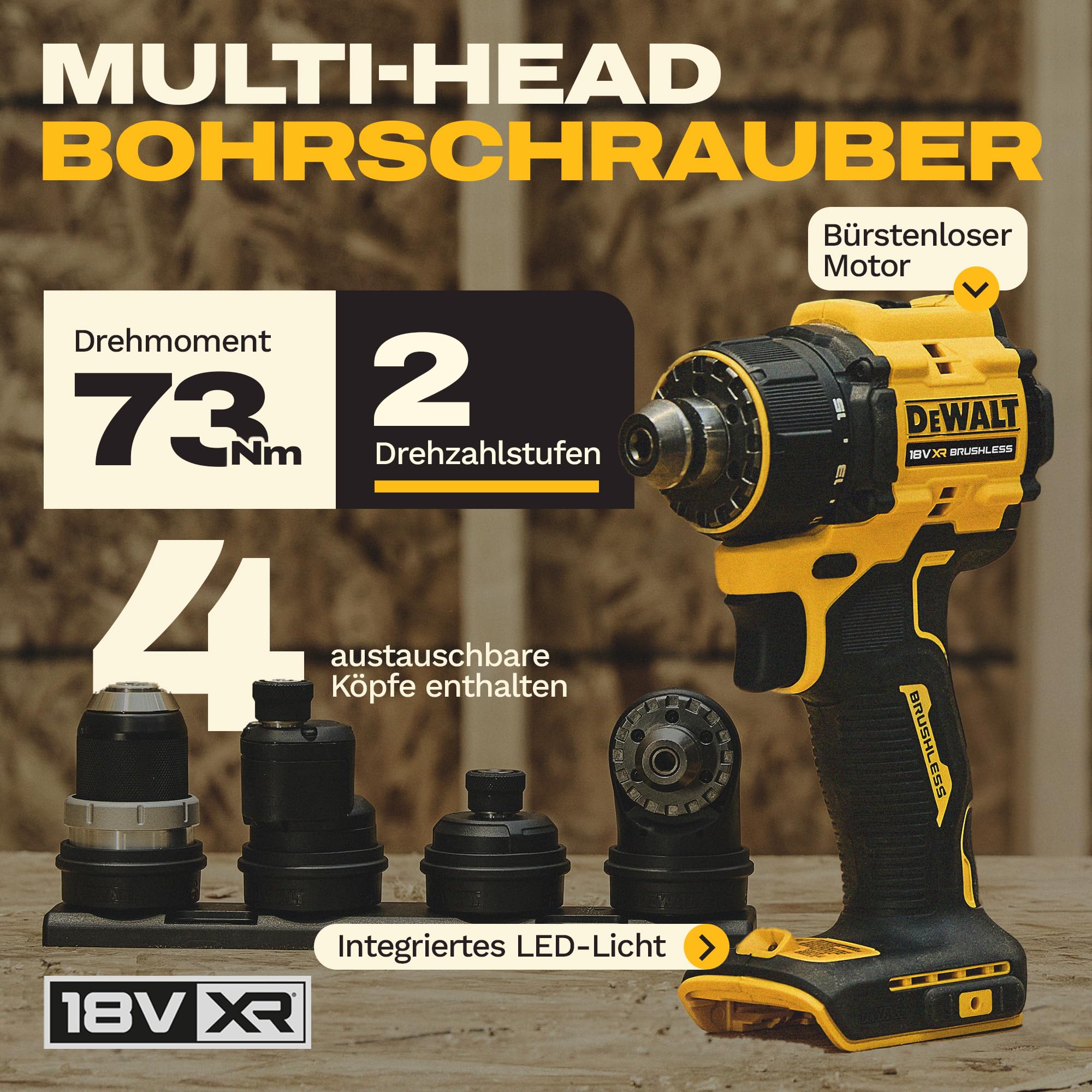 DEWALT 18V XR Akku-Mehrkopf-Bohrschrauber, bürstenlos, mit 4 austauschbaren Köpfen, inkl. Aufbewahrungstasche & 10-tlg. 57mm PH/PZ FLEXTORQ Schraubendreher-Set, nur Gerät (ohne Akku), DCD803KN-XJ -...