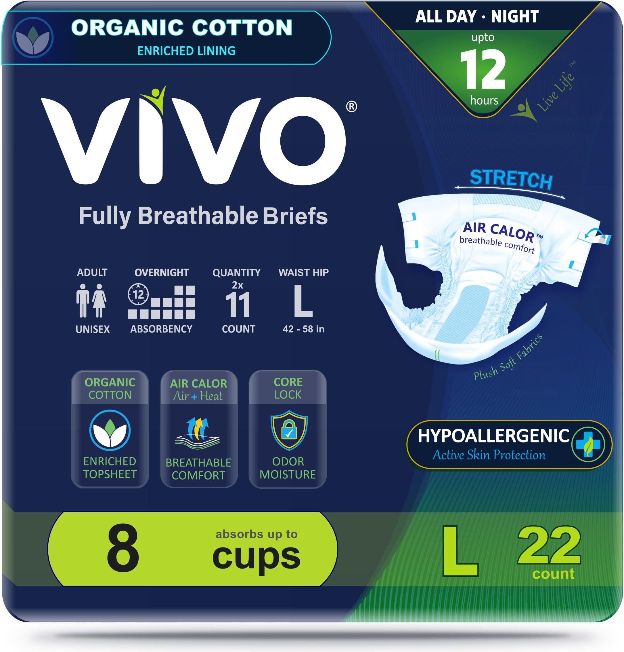 VIVO Organic Cotton Overnight Sensitive Skin Adult Incontinence Diaper Briefs with Tabs, Large 22 Count