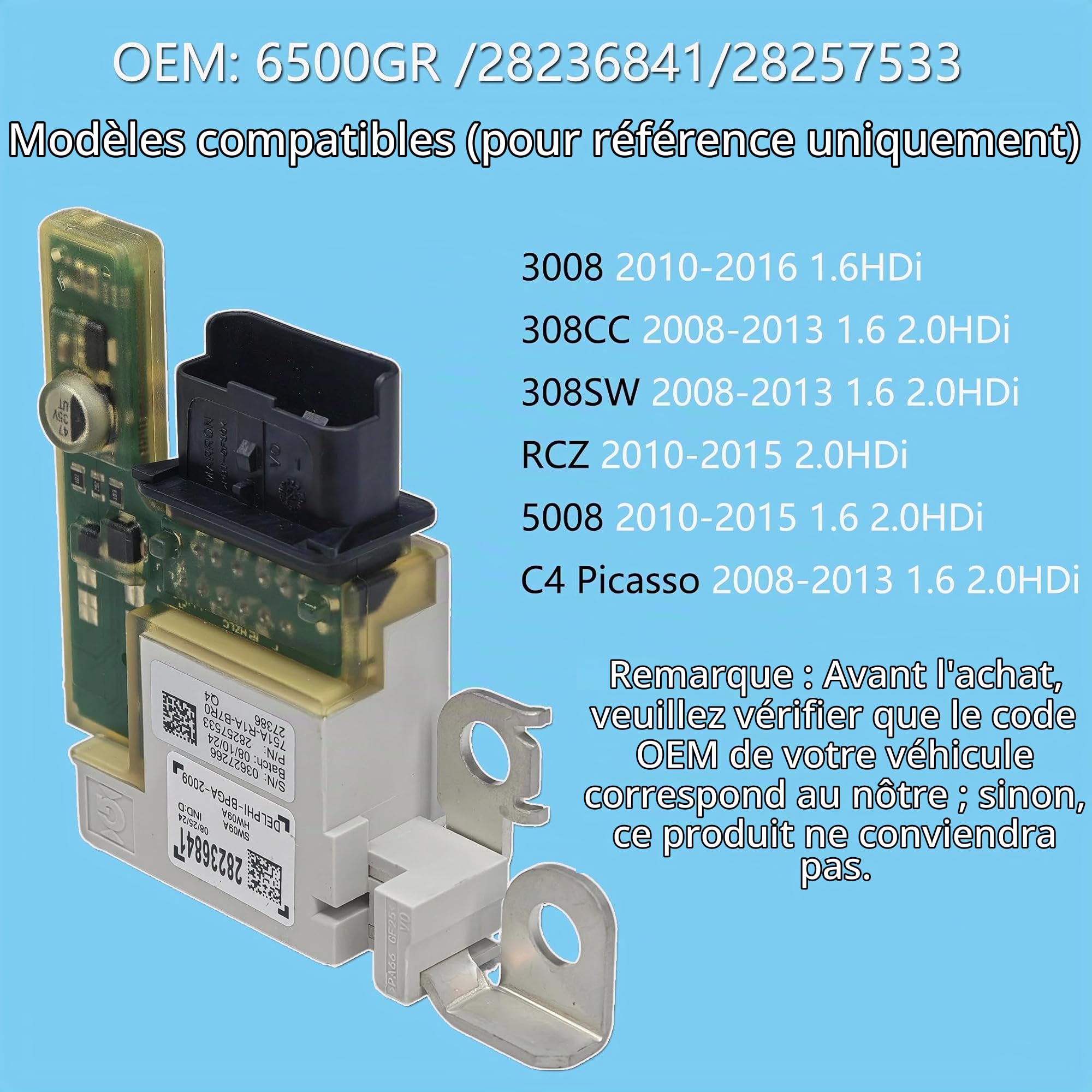 Heart Horse 6500GR Boîte à Fusibles de Voiture, Module Fusibles de Gestionnaire de Batterie Rechange pour Peugeot 308SW 308CC 3008 RCZ 5008 C4 Picasso 1.6 2.0 HDi Fusible Batterie 28236841