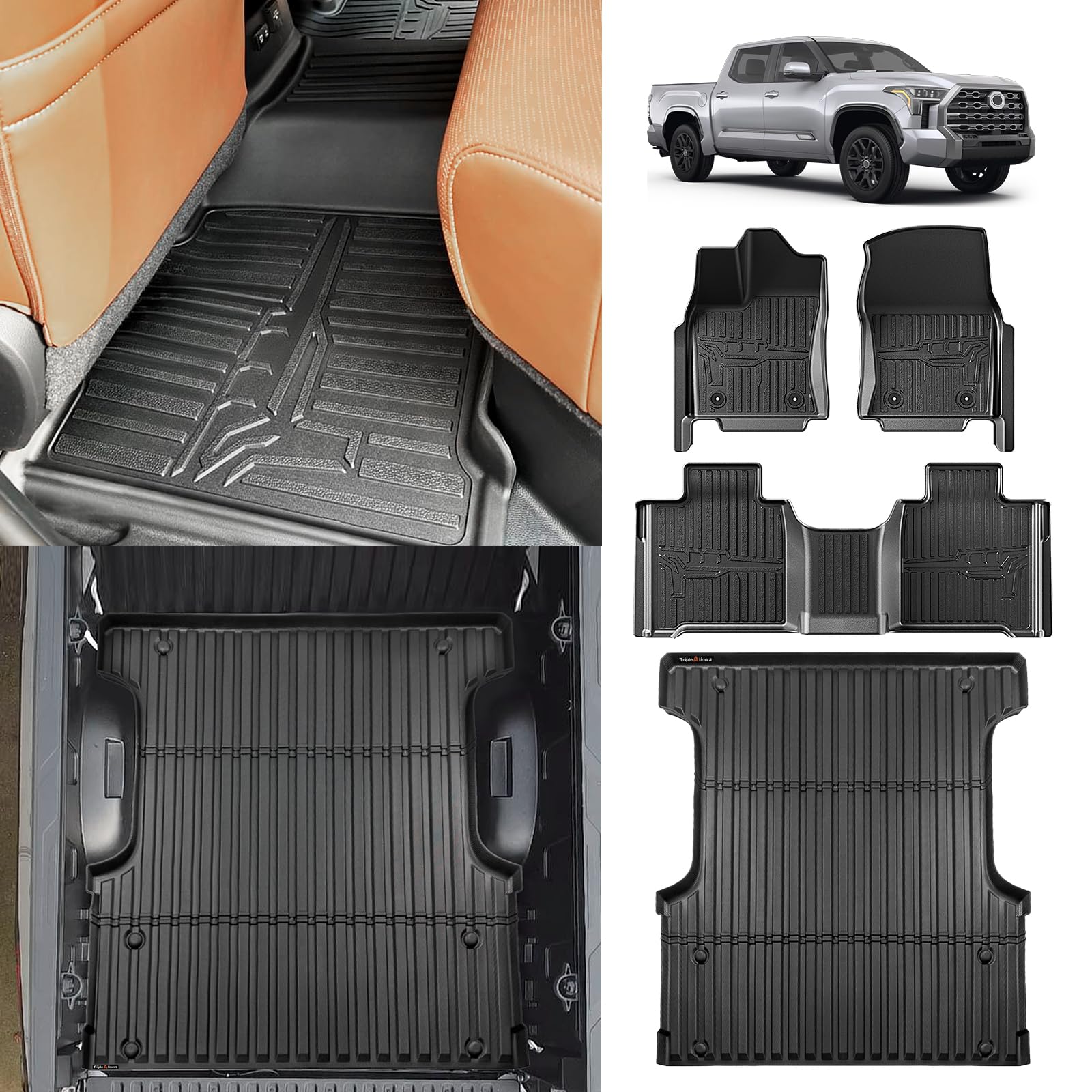 TripleAliners Truck Bed Mat & Floor Mats Front Rear Full Set Compatible with Toyota Tundra 2022-2024 2025 CrewMax Cab Accessories All Weather TPE Liners (5.5FT Truck Bed Mat+Floor Mats)Global Recycled StandardGlobal Recycled StandardGlobal Recycled Standard