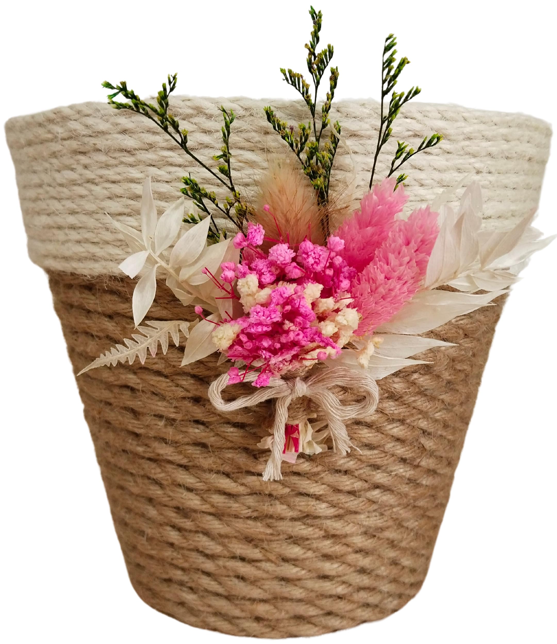 Macetero de yute natural decorativo de interior y exterior. Para plantas, flores y tiestos. Para el hogar, jardín, ceremonias, bodas, comuniones, bautizos, eventos y fiestas. Decoración. Redondo.