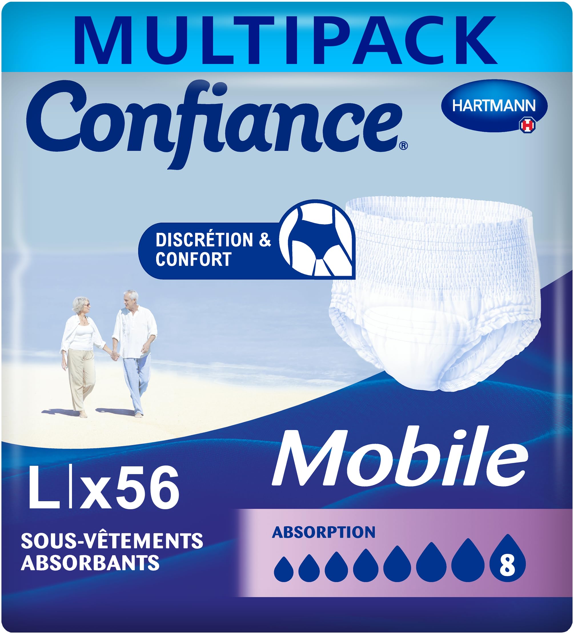 Confiance Mobile – saugfähige Slips für Männer und Frauen – Absorptionsgrad = 8 Tropfen (starke Blasenschwäche) – diskret und effektiv – pH-neutral zur Haut – Größe L – 4 x 14 Stück