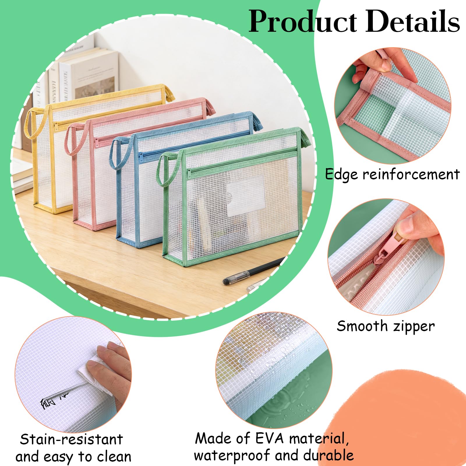 4 Piezas Juego de Bolsas Zip de Doble Capa de EVA, Bolsas de Documentos Impermeable 4 Colores, Carpeta Fundas Plastico A4 de Gran Capacidad para Guardar Documentos Libros y Mucho Más