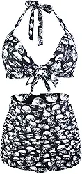 Biquíni feminino retrô anos 50 com cintura alta e franzido da Honeystore, Skull, L(Bust:34-36in, Waist:28-31in)