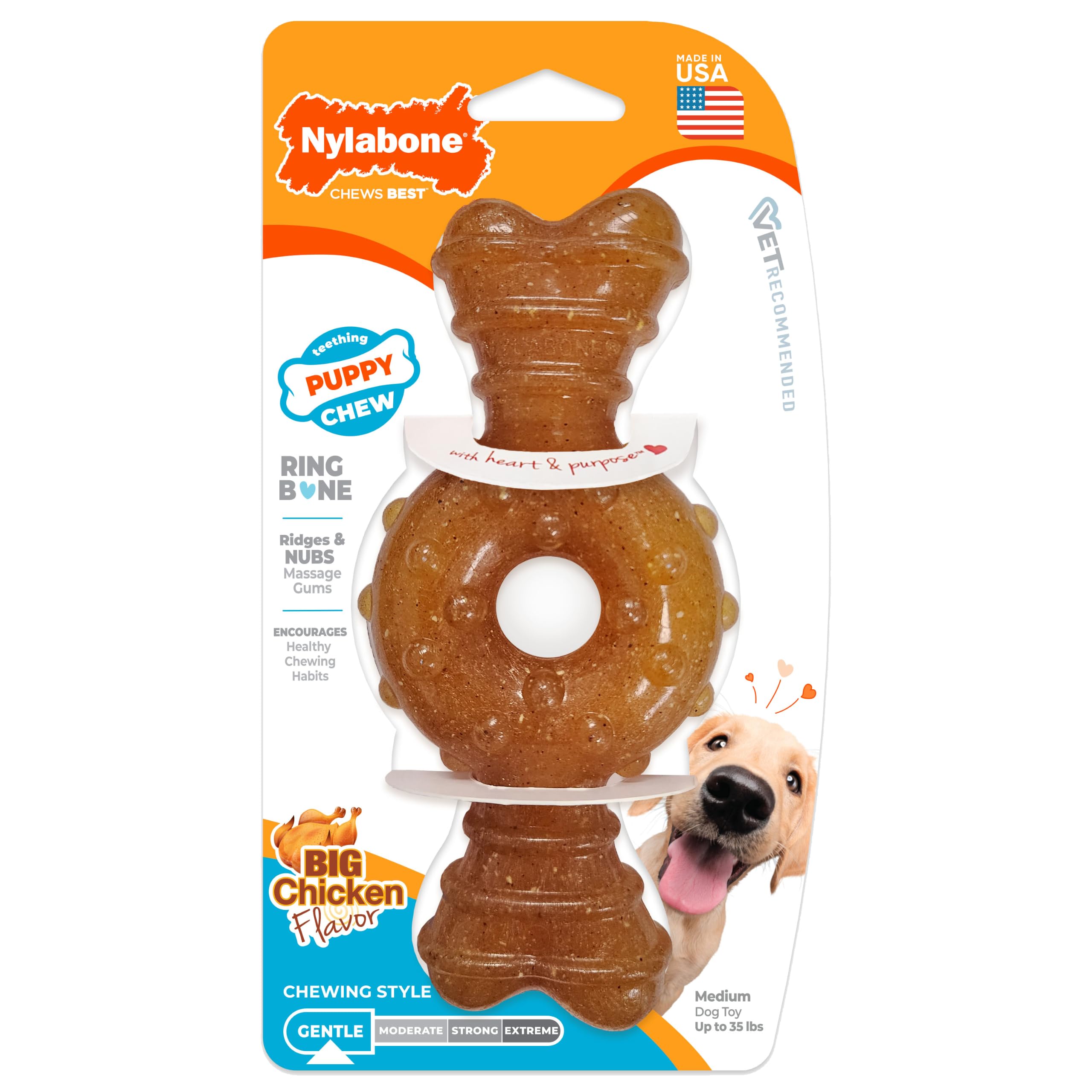 Nylabone Delikatny pierścionek dla szczeniaka z psem ząbkowaniem, zabawka do żucia, smak kurczaka, średni, dla szczeniąt do 16 kg