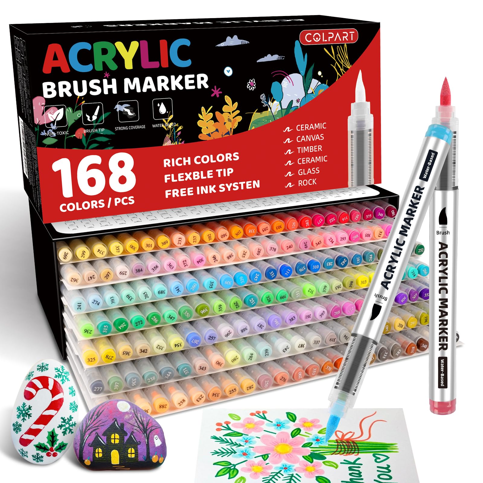 colpart 168 Colors Direct-Flow Acrylic Paint Markers, Waterproof & Quick-Drying, Innovative Ink Control Design, Non-Toxic Acrylic Pens for Rock, Glass, Wood, Ceramic, and Porcelain