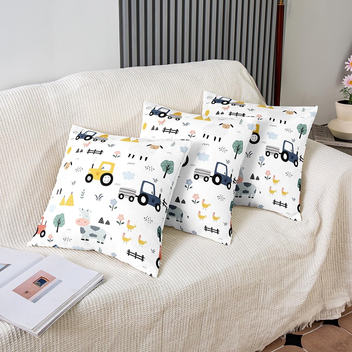 Tractor Square Cushion Covers Set of 2 Set 18x18 Inch Cartoon Farm Equipment Trucks Reversible Throw Pillow Covers for Kids Decor Farm Animal Pillow Covers Home Decor Farm Nursery Decor - Image 4