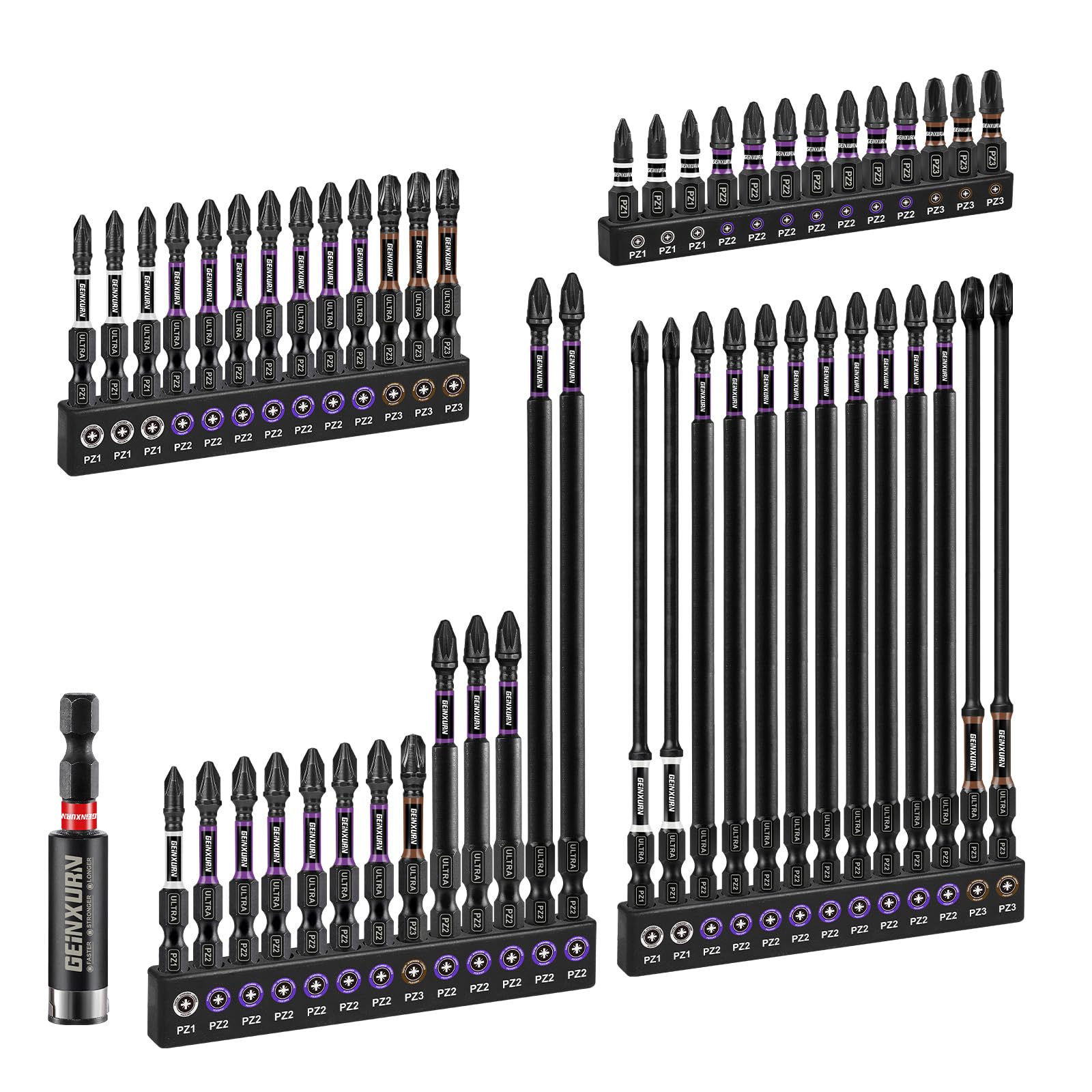 Geinxurn 52pcs Impact Pozidriv Screwdriver Bits Set, 25/50/75/150 mm (PZ1/PZ2/PZ3) Magnetic S2 Steel Cross Driver Bits Set and 1pc Impact Bit Holder with Color Coded Base โ image 1