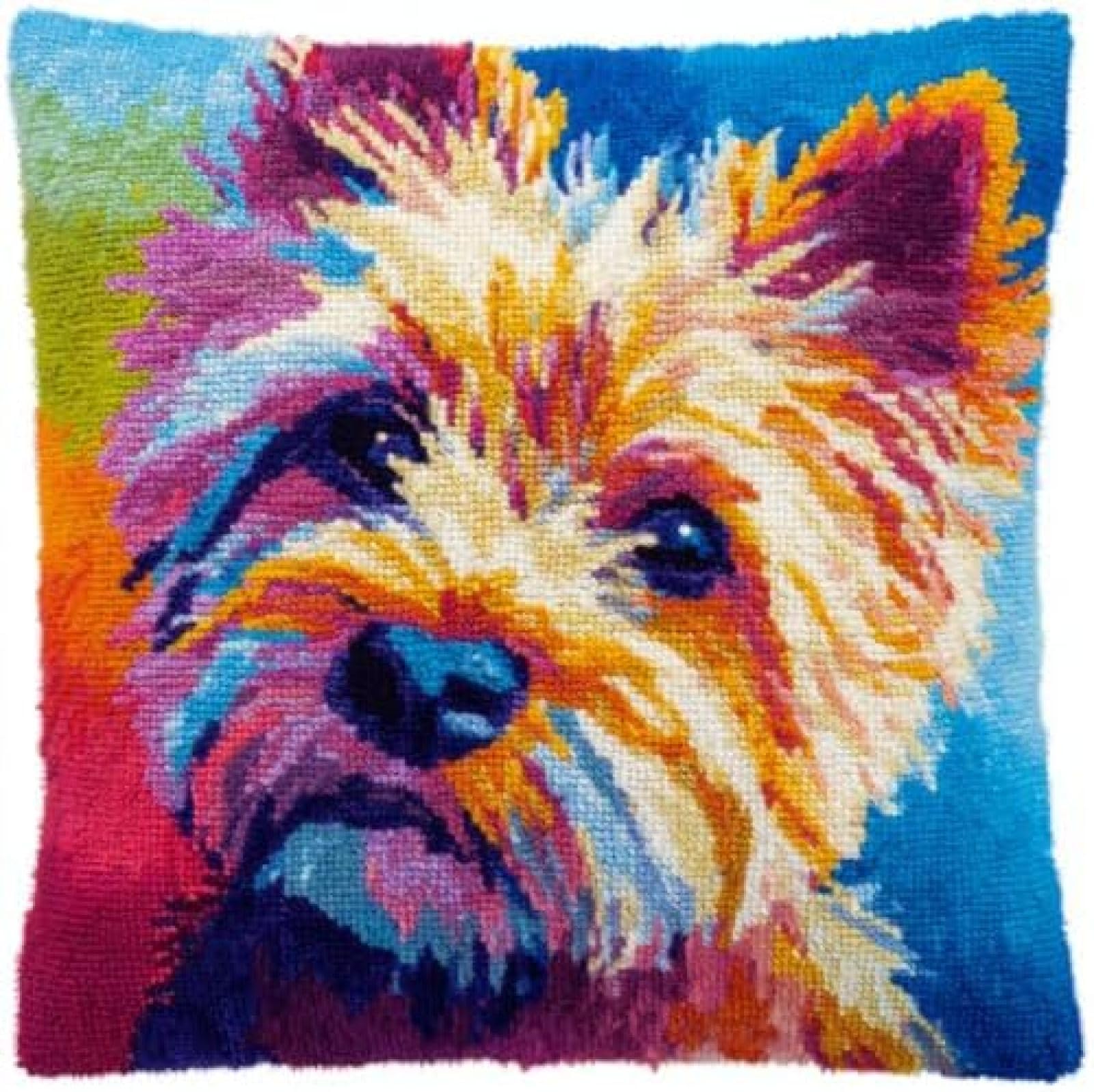 kitphoenix DIY Cushion Cover Latch Hook Kit,Cairn Terrier Dog Cute Portrait,Adults Craft Hobby Set with Pre-Cut Yarn,Hook and Printed Canvas,43x43 cm