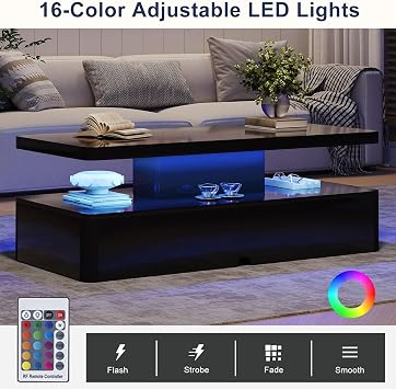 MXV Modern Coffee Table, 40 Inches Coffee Tables with 16 Colors LED Lights, 2 Tier Rectangular Center Table, Large Storage Space, High Glossy Wooden Tea Table for Living Room, Bedroom, Office, Black