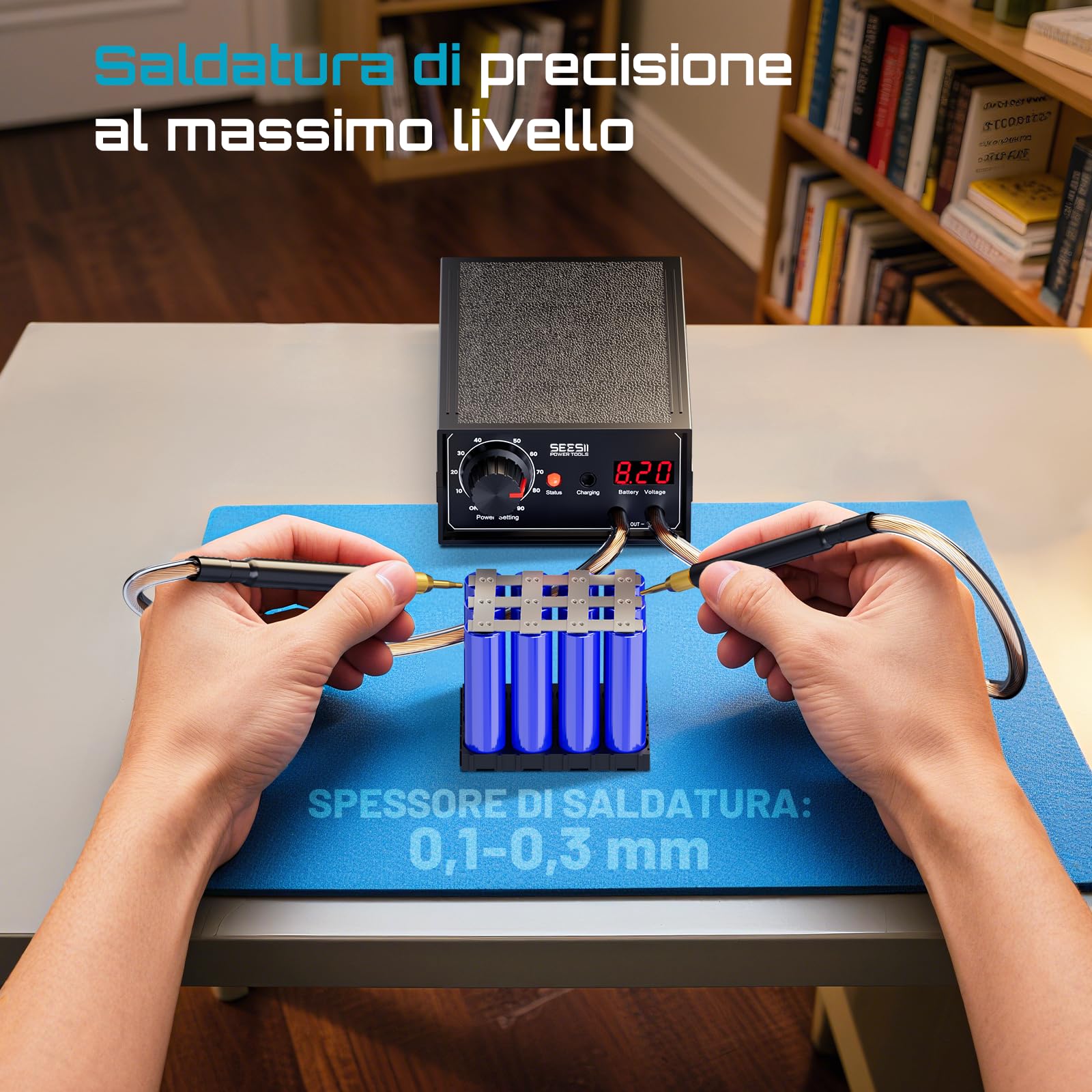 SEESII Saldatore a Punti a Doppio Impulso per Batterie: Saldatrice Senza fili 9600mAh con Indicatore Tensione in Tempo Reale, Livelli Regolabili, per Riparazione e Montaggio di Pacchi Batteria