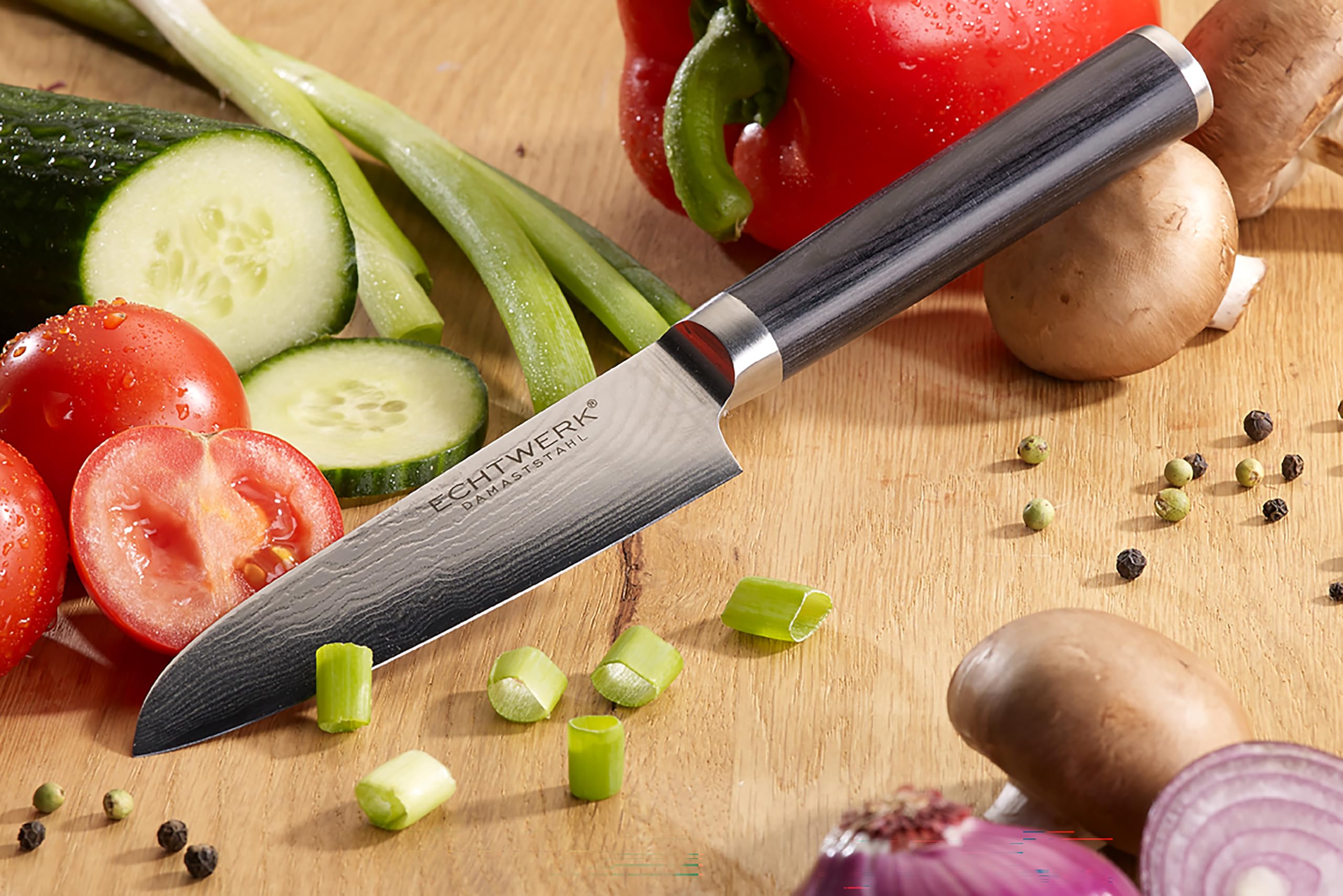 ECHTWERK Coltello Damasco, piccolo coltello santoku, coltello tradizionale giapponese, coltello da chef, coltello da cucina, lama affilata per tagli precisi di carne, pesce e verdure
