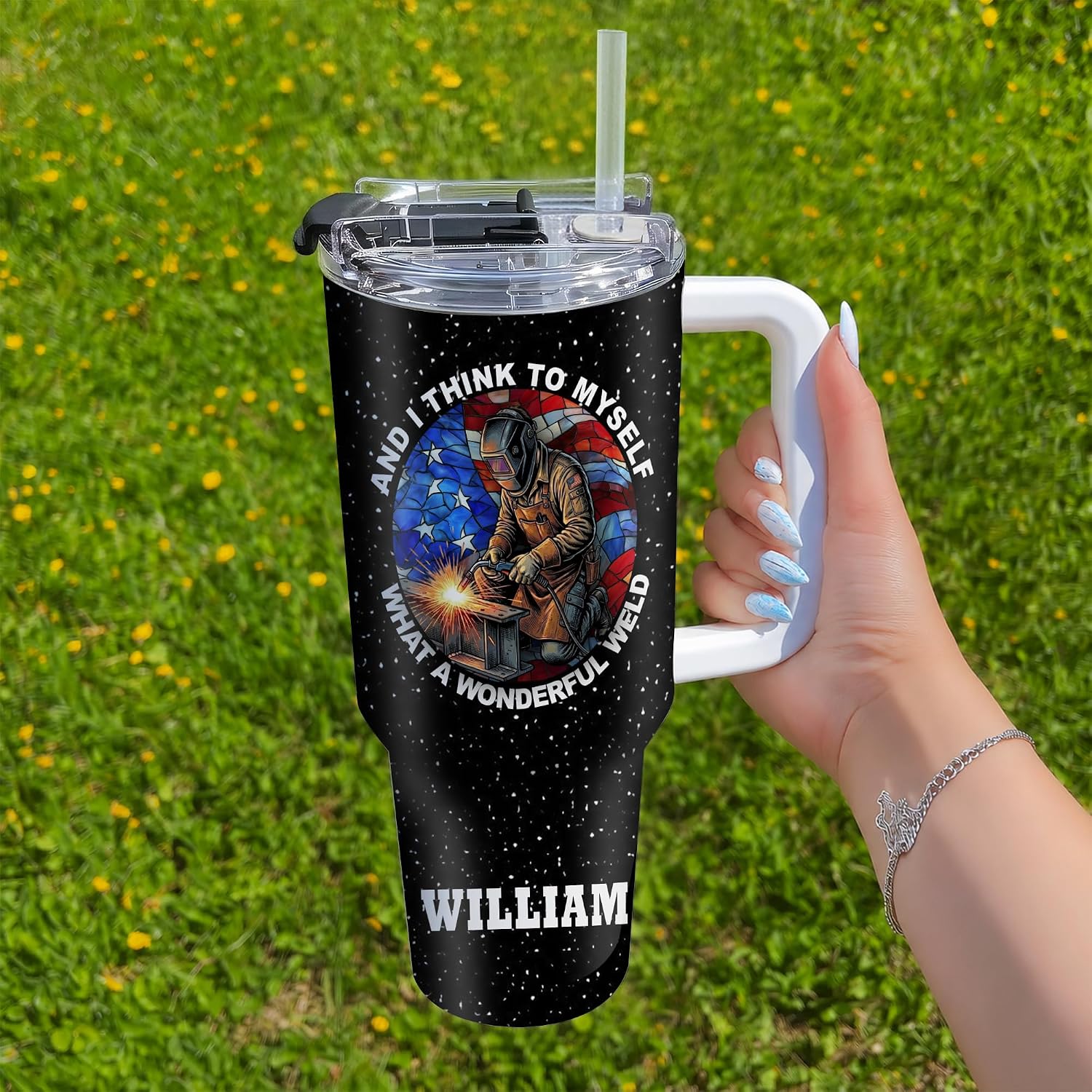 Hyturtle Personalized Welder Skeleton 2D Printed 40oz Tumbler with Handle & Straw Gift for Men Dad on Fathers Day Birthday, Welding Gifts, Skull Gifts, Custom Name Stainless Steel Travel Cup With Lid