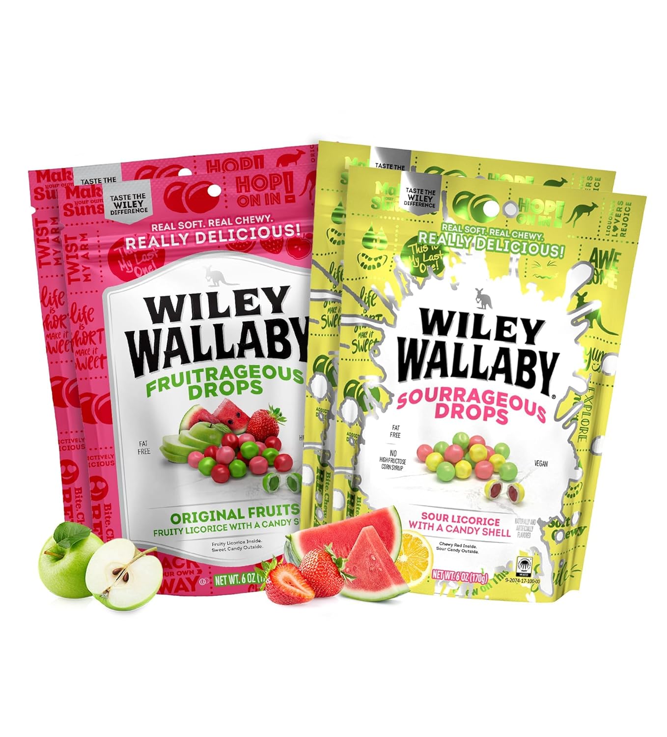 Wiley Wallaby Licorice Candy Drops | Sourrageous and Fruitrageous Drops | 6 Ounce | 4 Pack