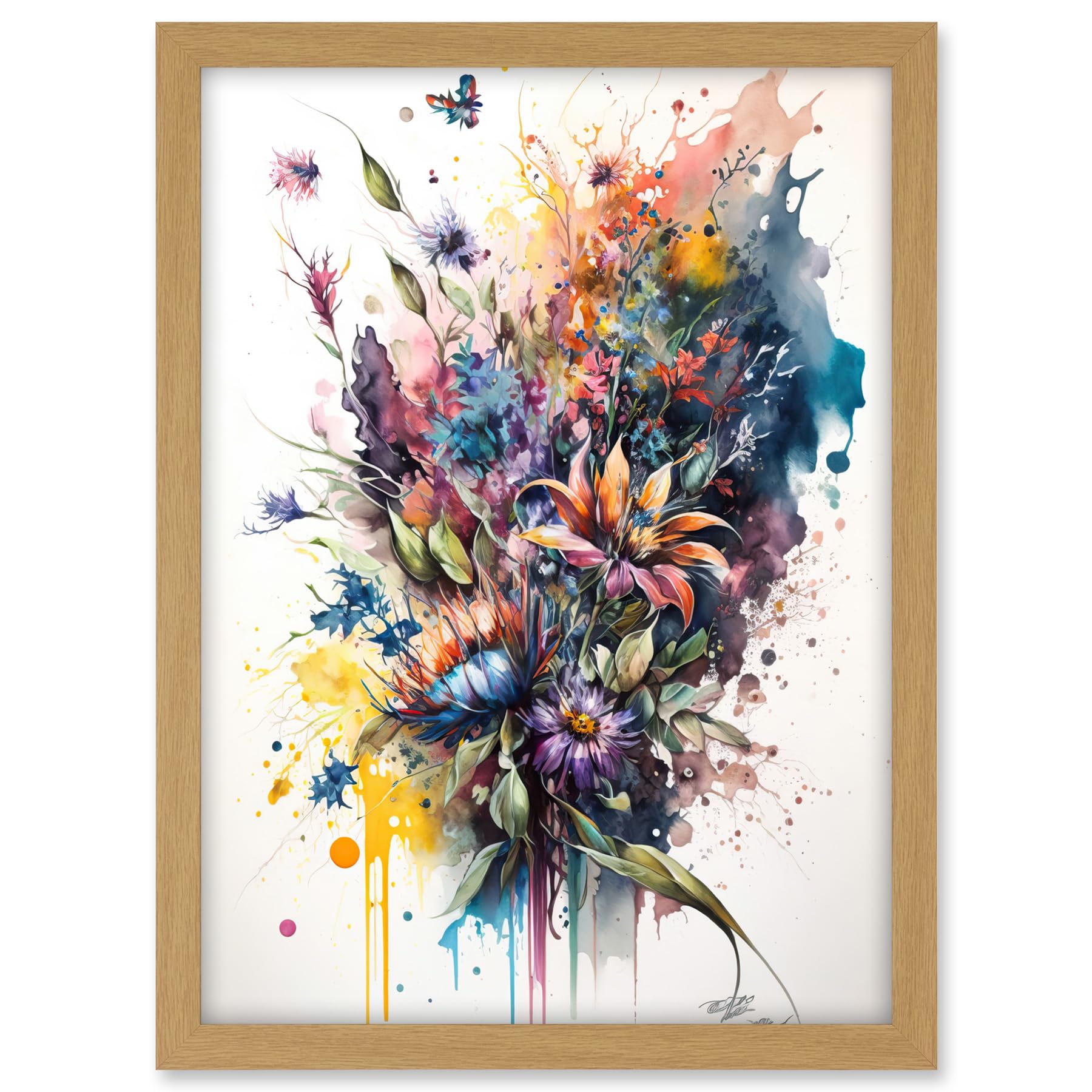 Artery8 Flower Bouquet Illustration over Watercolour Splat Artwork Framed A3 Wall Art Print