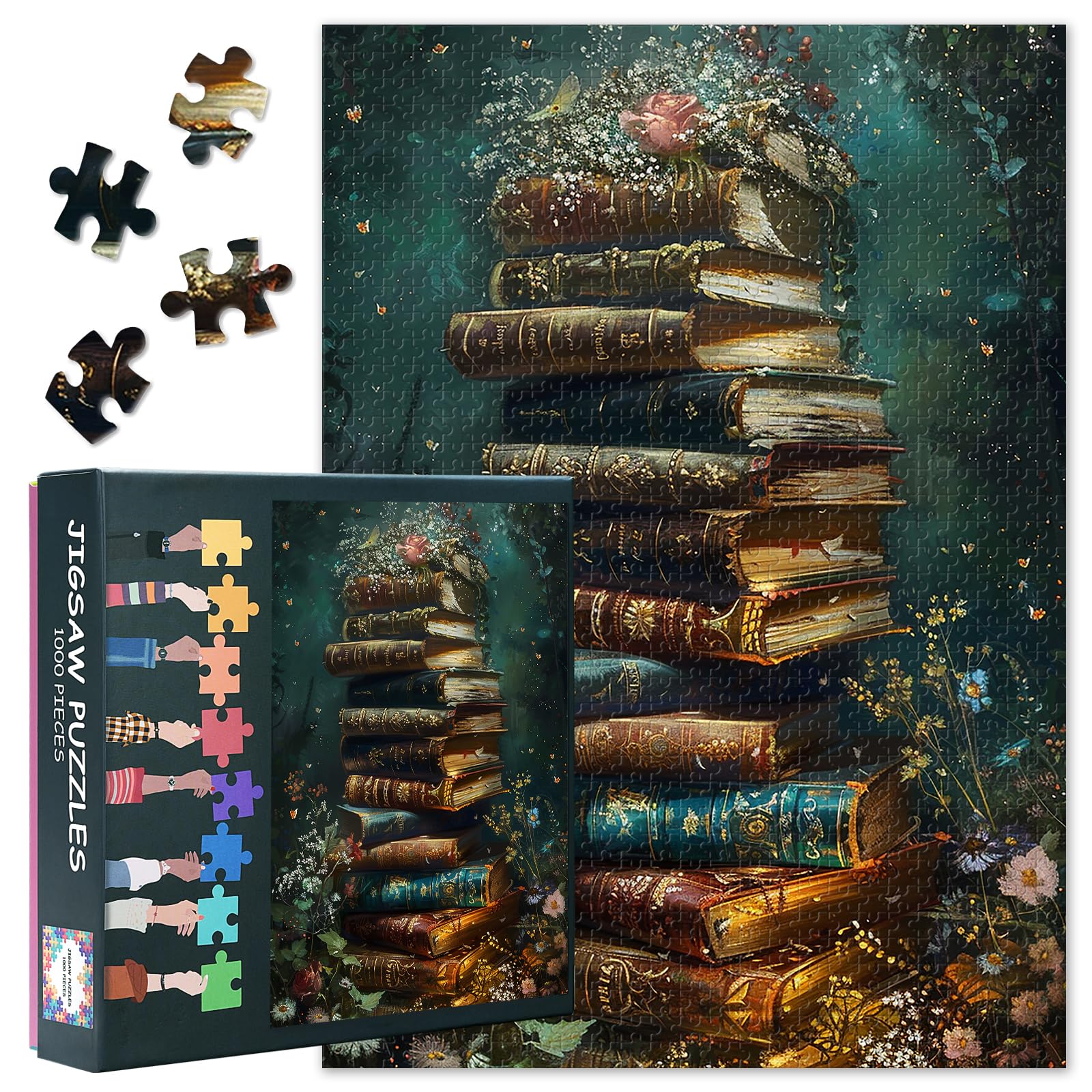 Vintage Books Jigsaw Puzzles for Adults 1000, Difficult Family Puzzle Educational Games Home Decoration Blooming Floral, Challenging Puzzles for Adults Men & Women Gift (27.5"x19.7")