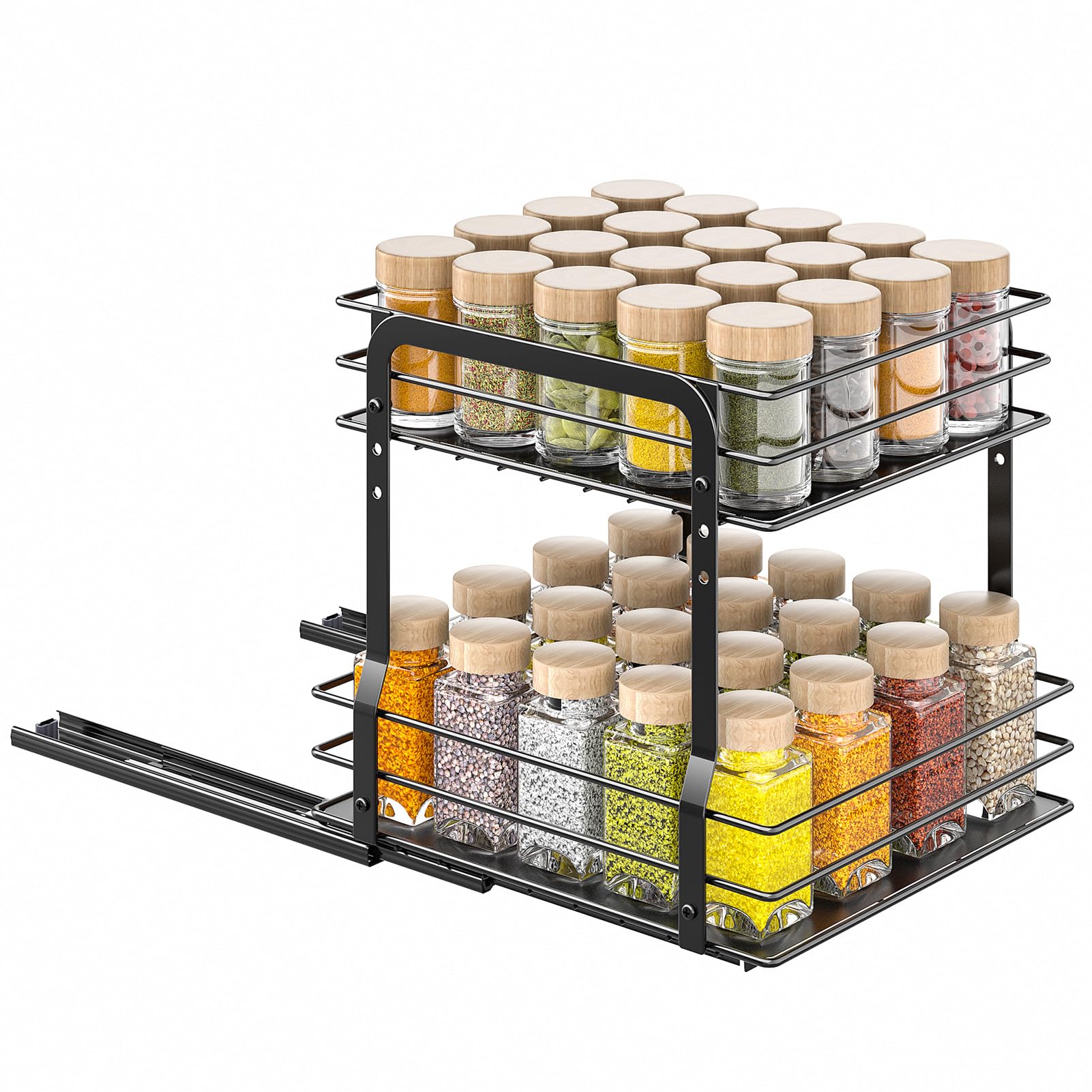 PanPanPal Organizador de Especias para Cocina, 2 Niveles Negro Extraíble y Ajustable en Altura, con Rieles Deslizantes, Diseño de Cajón, Fácil Instalación, Medidas L27.2*B24.5*H26CM