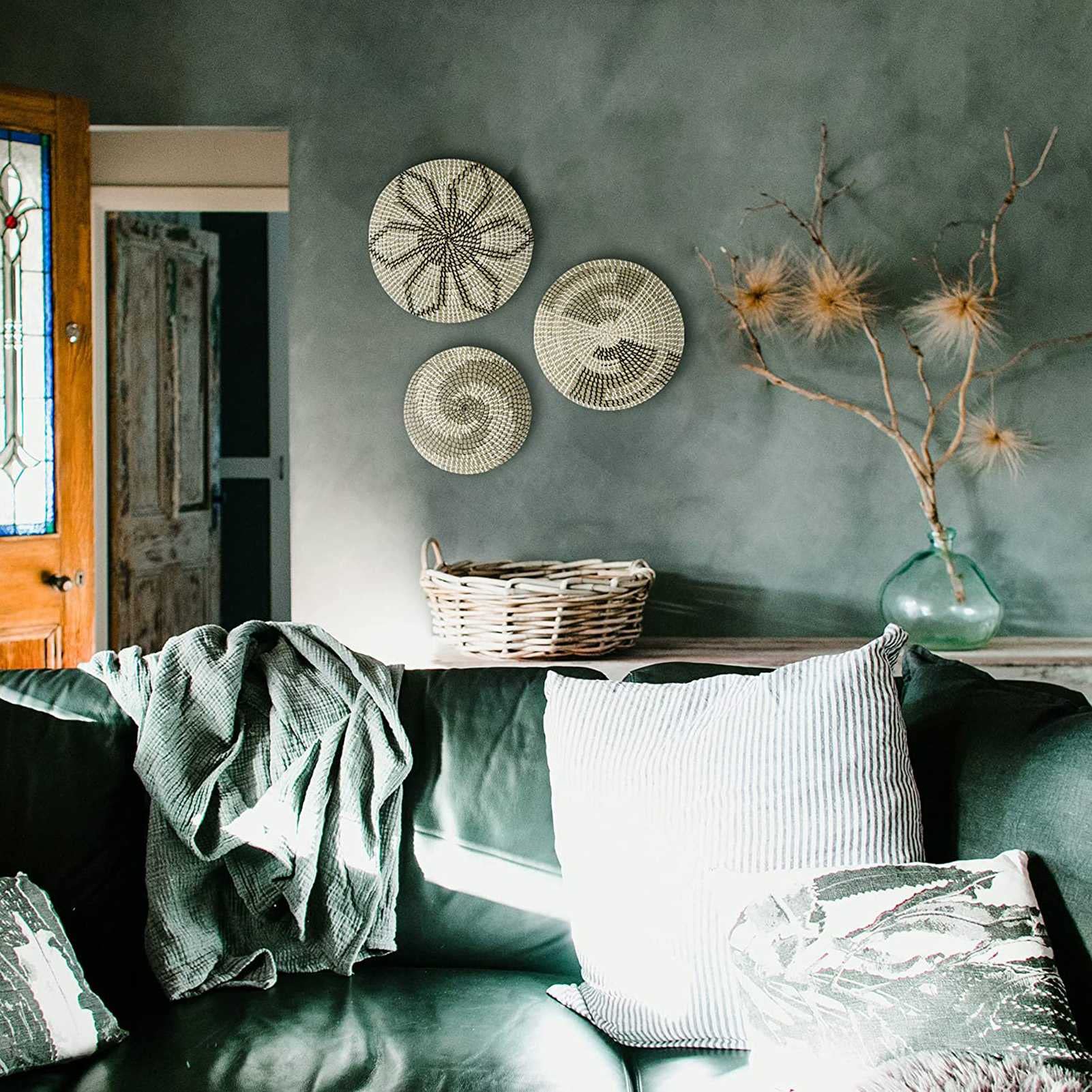 dekoracje ścienne, Ręcznie wykonany wiszący kosz ścienny, zestaw 3 elementów - rattanowy, dekoracja ścienna naturalny wystrój boho wiklinowy