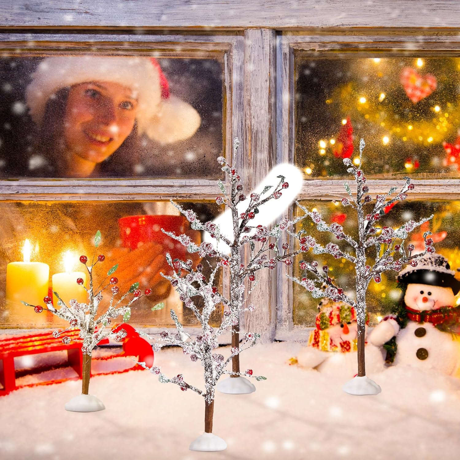 Geosar 6 Pieces Christmas Decor Snow Covered Village Tree Accessories Red Berry Bare Branch Artificial for Holiday Fairy Gardens Village Winter Wonderland Display (Berry Trees)
