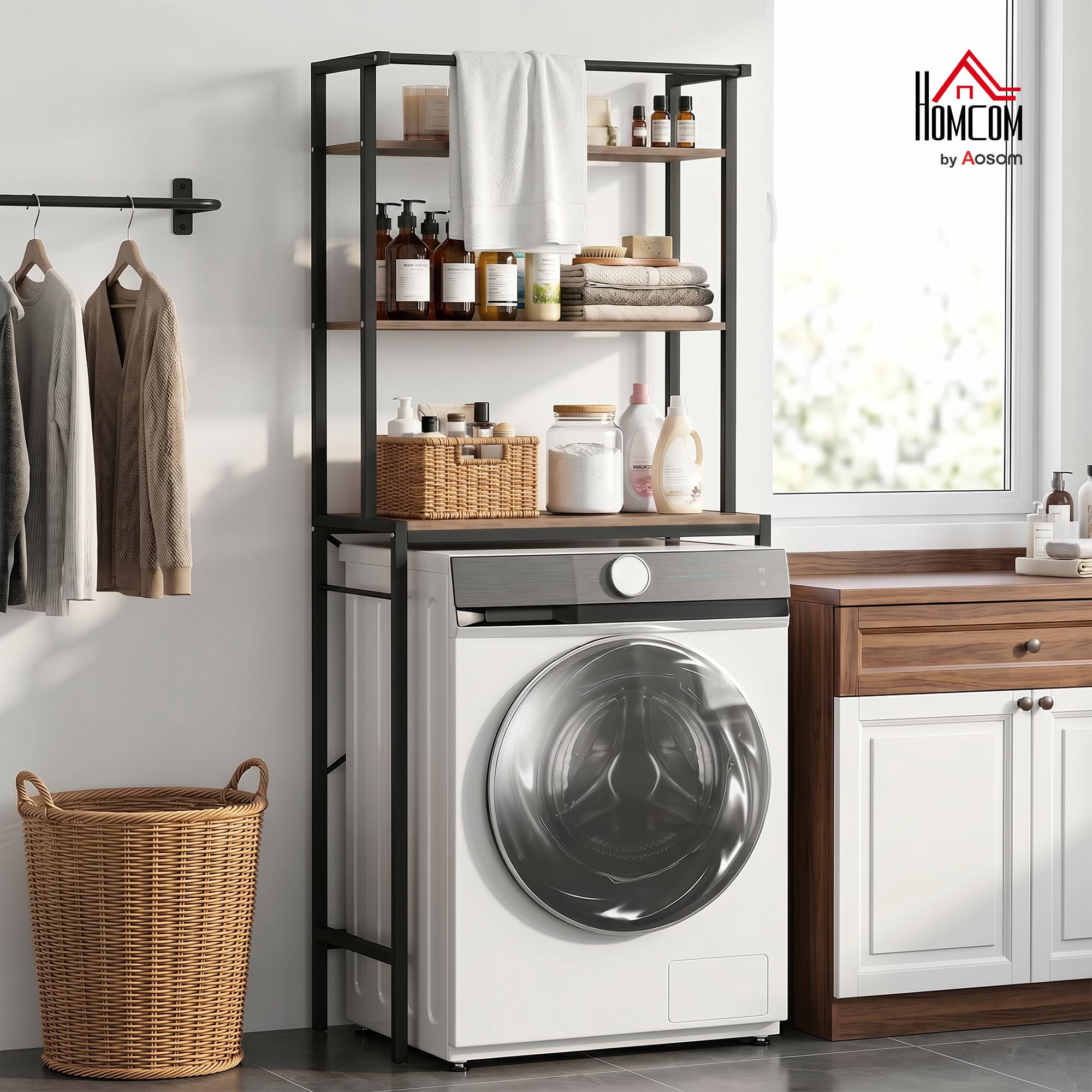 HOMCOM Mobile Sopra Lavatrice Coprilavatrice 67x40x161.8cm Marrone/Nero | Ripiani, Barra Appendiabiti, Scaffale Coprilavatrice Asciugatrice, Bagno e Lavanderia